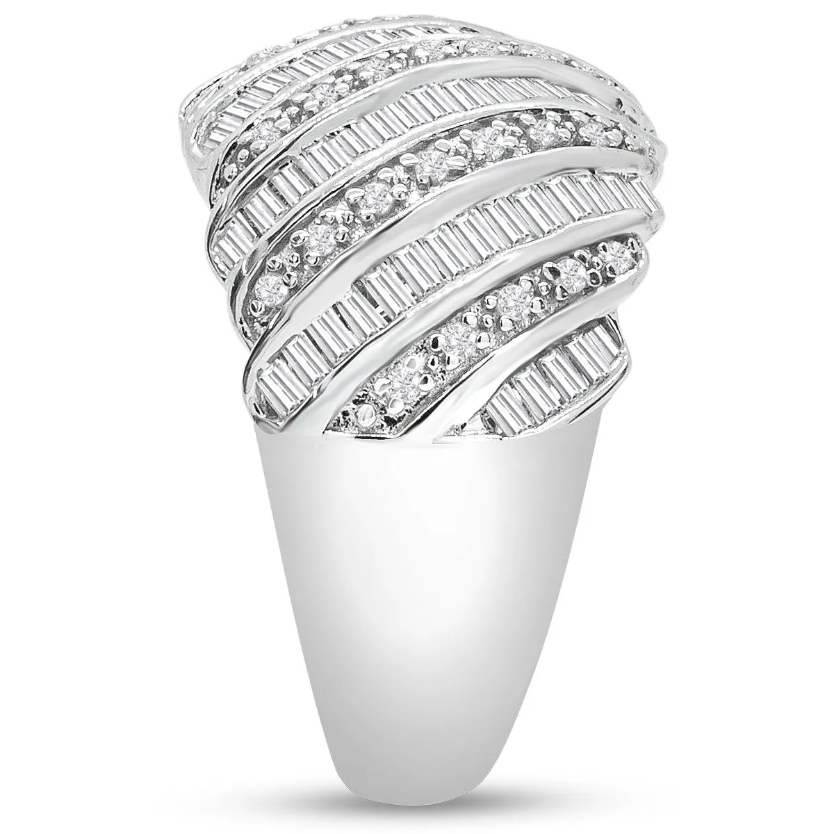 1 Carat Baguette and Round Colorless Diamond Dome Band Ring In Sterling Silver