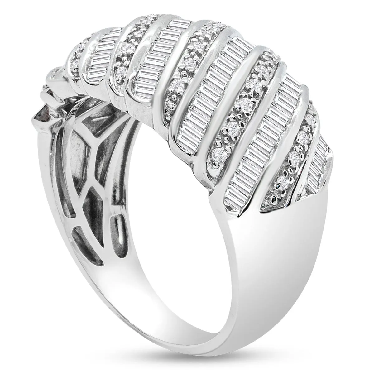 1 Carat Baguette and Round Colorless Diamond Dome Band Ring In Sterling Silver