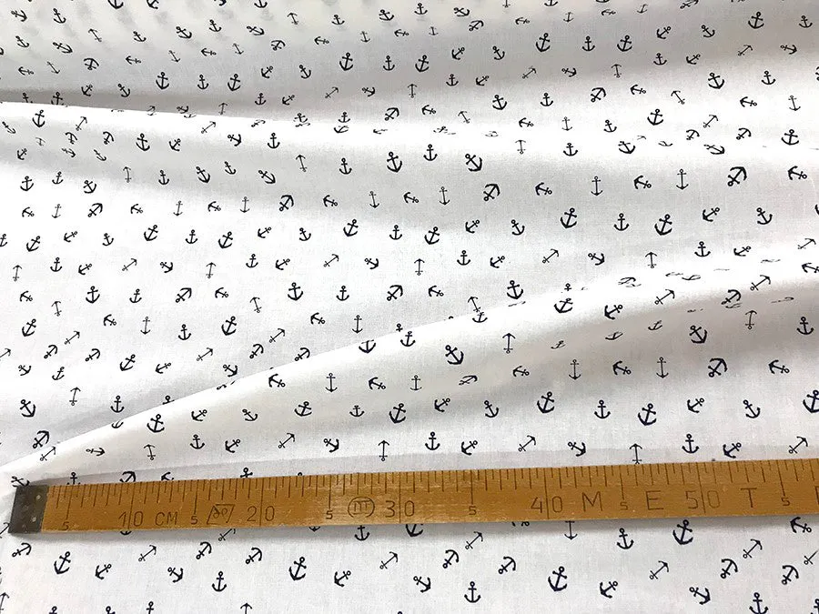 100% Linen Fabric Anchors White/Navy