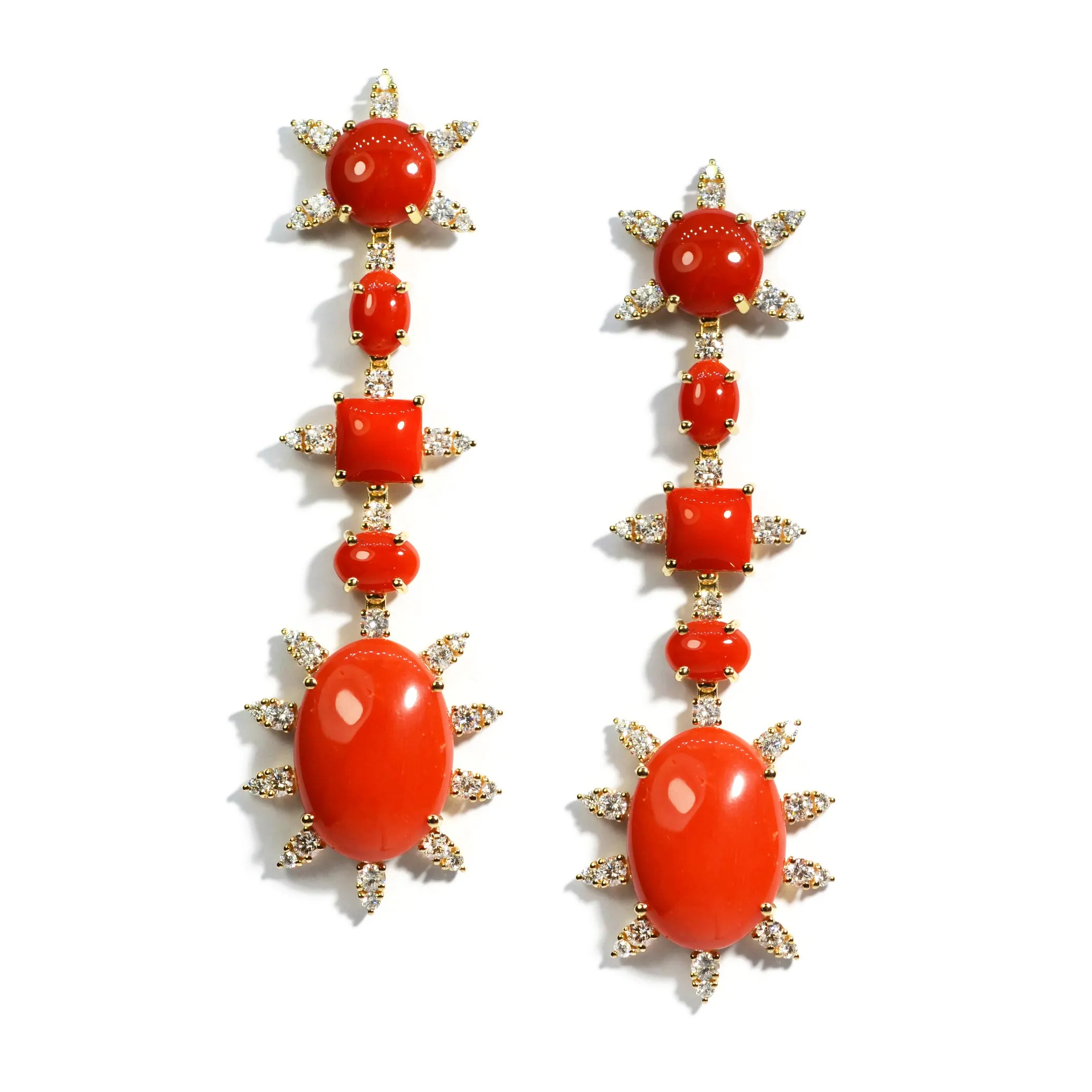 A & Furst - Sole - Drop Earrings with Red Corals and Diamonds, 18k Yellow Gold