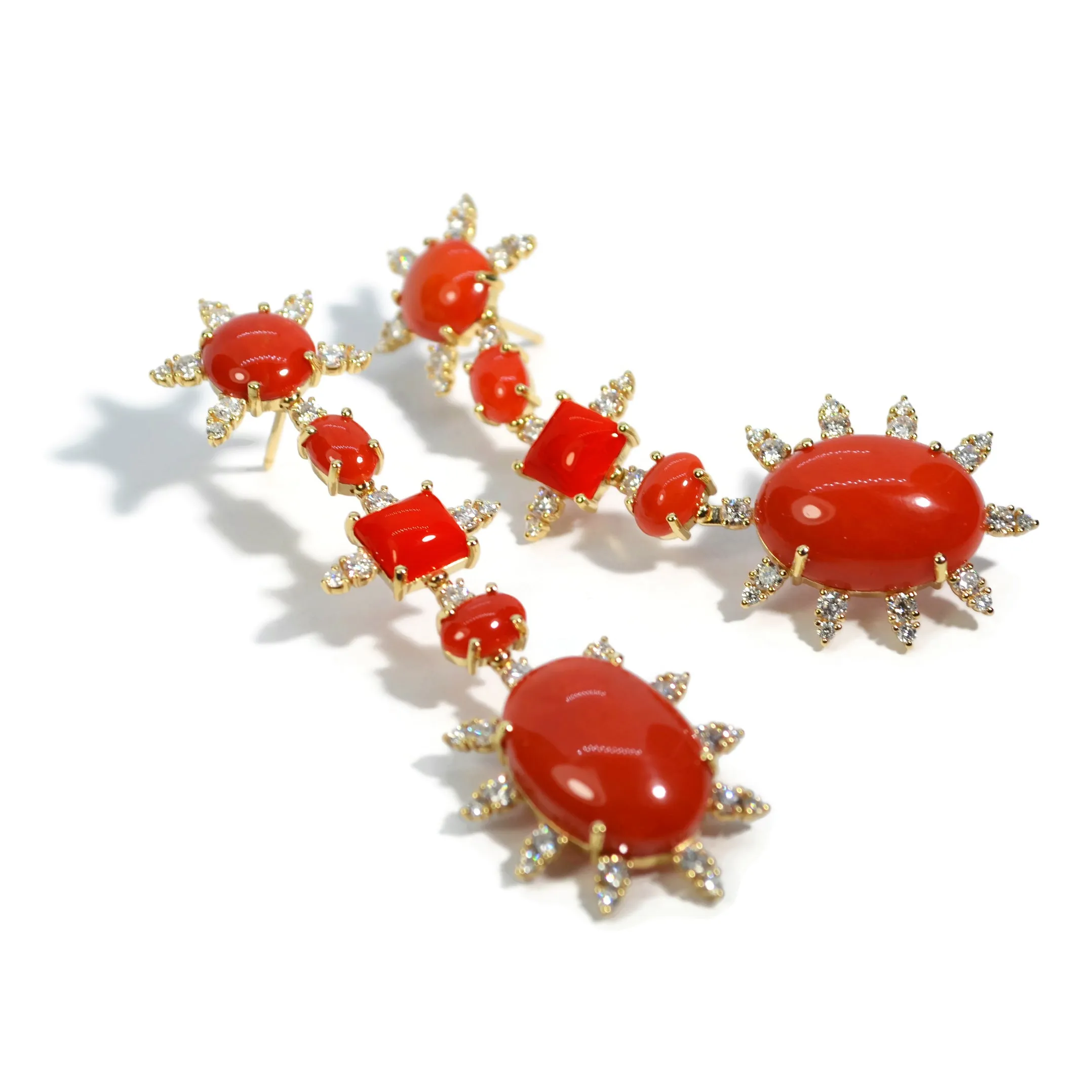 A & Furst - Sole - Drop Earrings with Red Corals and Diamonds, 18k Yellow Gold