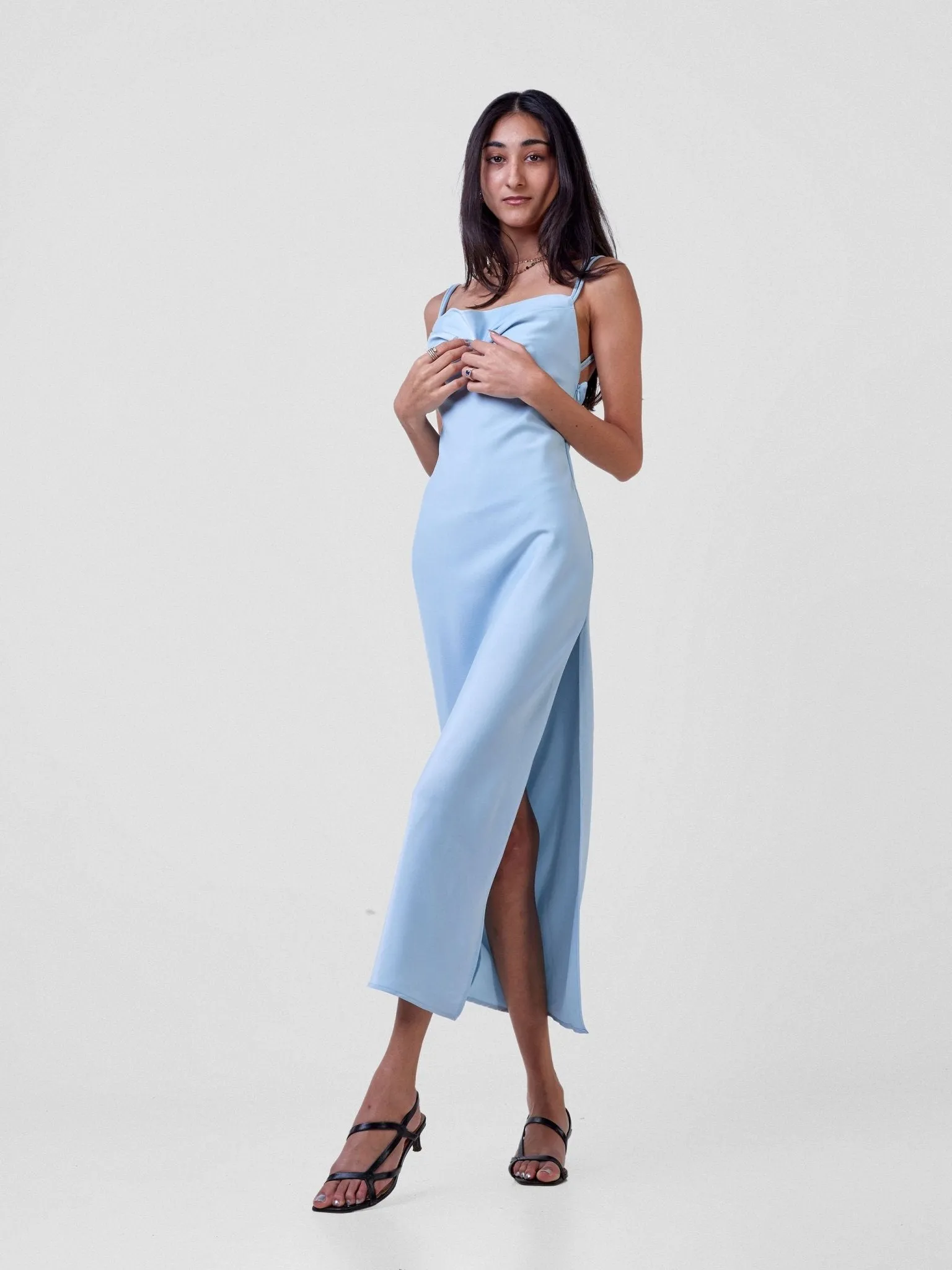 Anika Long Satin Double Strap Dress - Light Blue