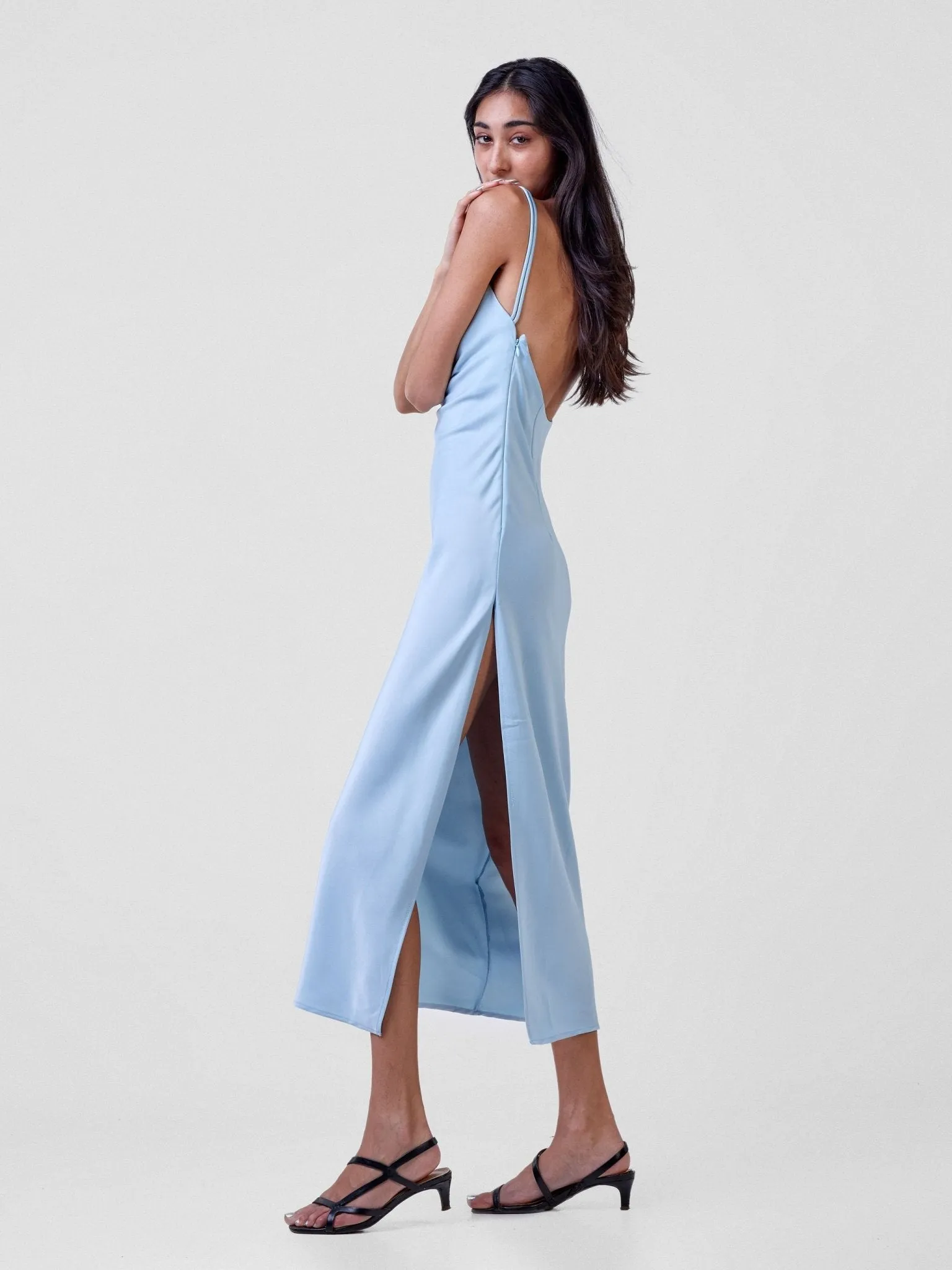 Anika Long Satin Double Strap Dress - Light Blue