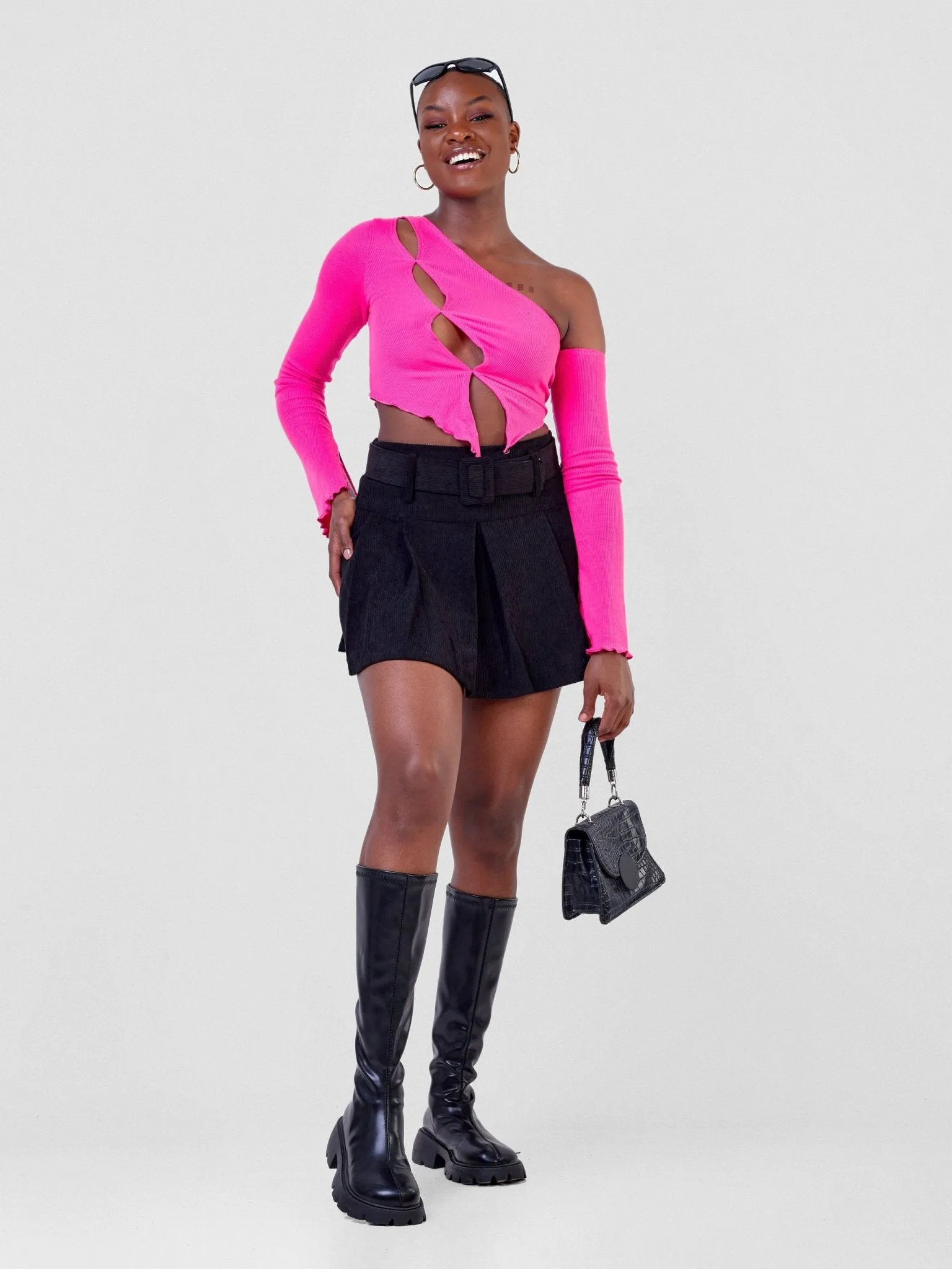 Anika Long Sleeved Asymmetrical Cutout Crop Top - Pink