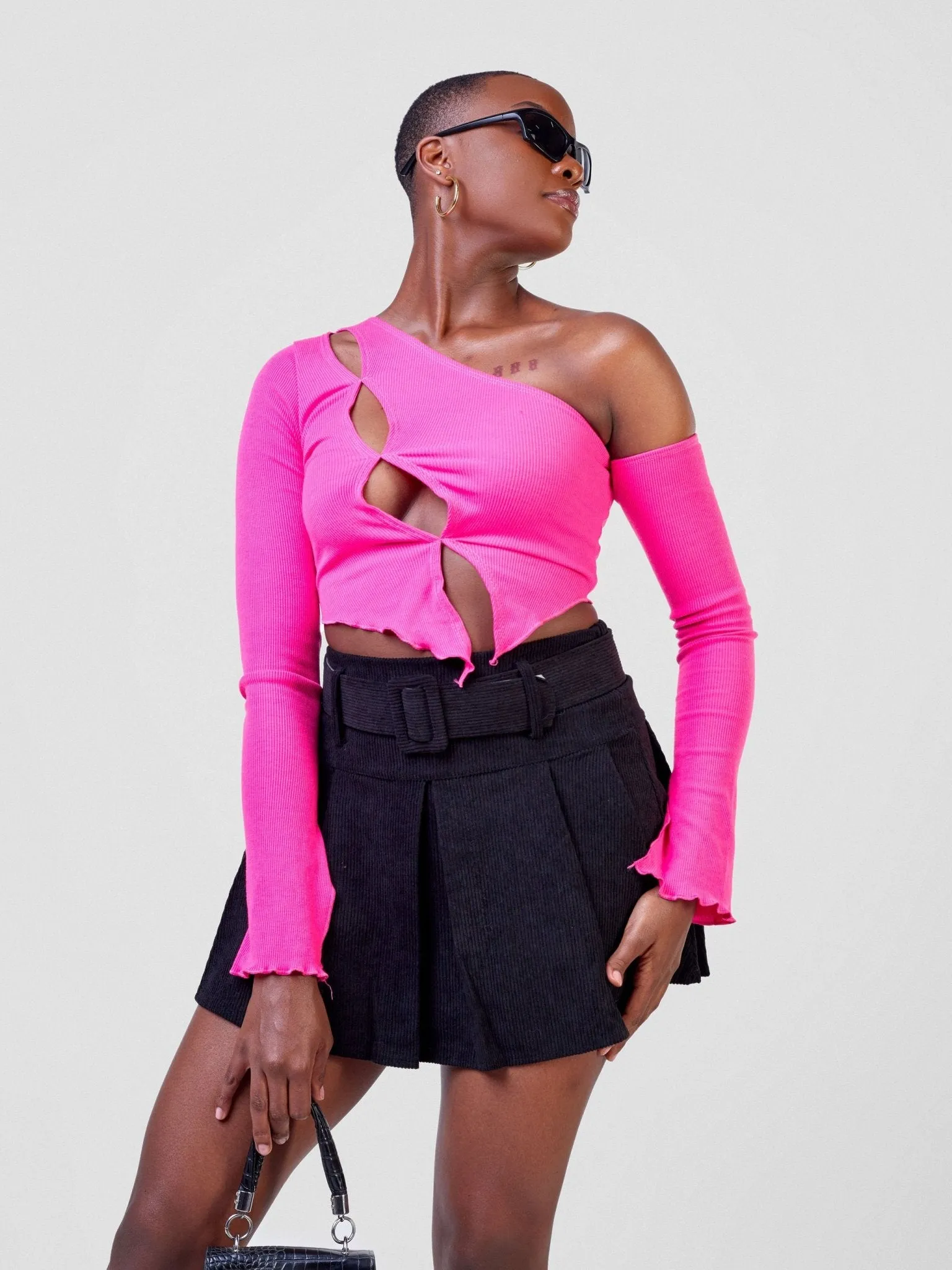 Anika Long Sleeved Asymmetrical Cutout Crop Top - Pink