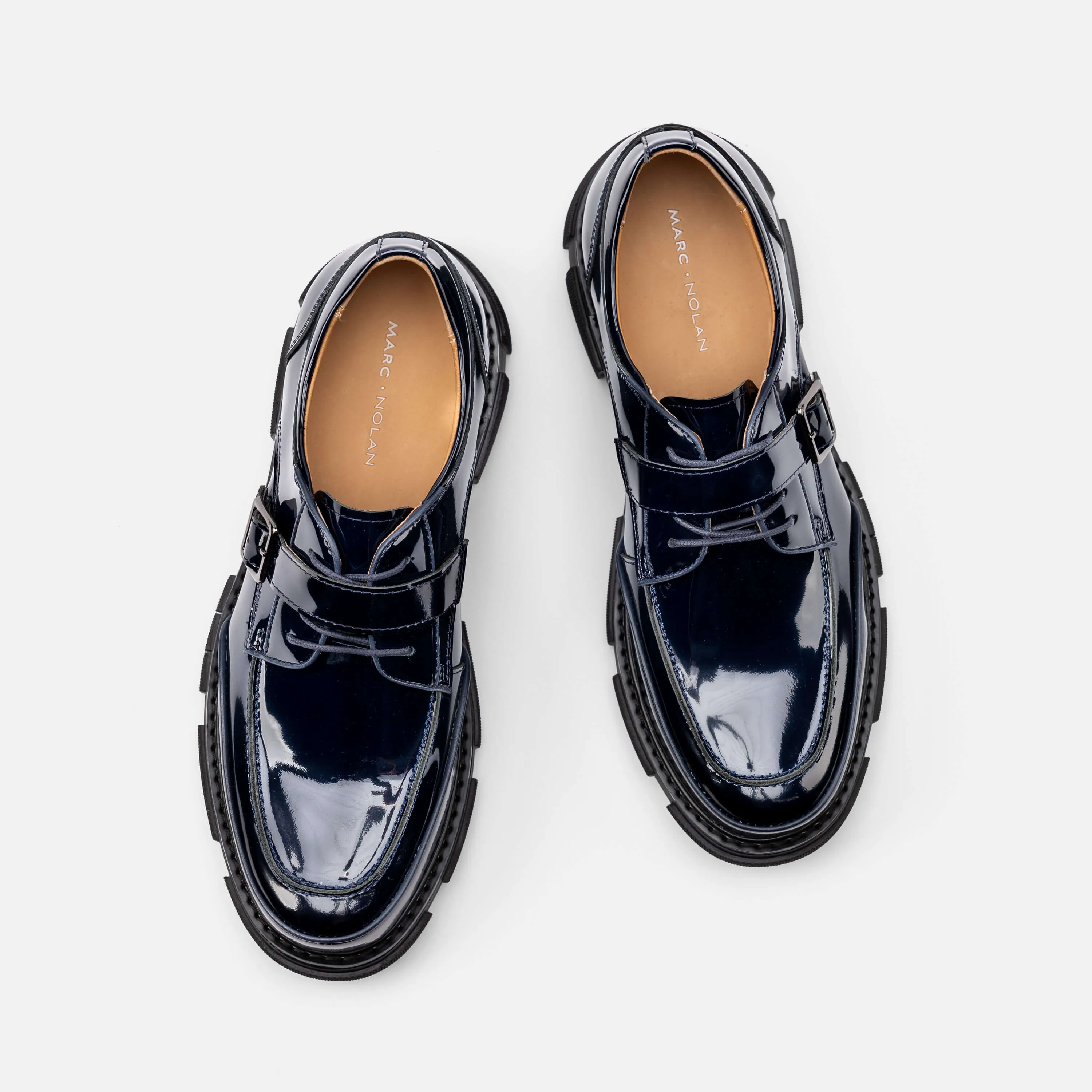 Atlas Navy Patent Leather Derbys