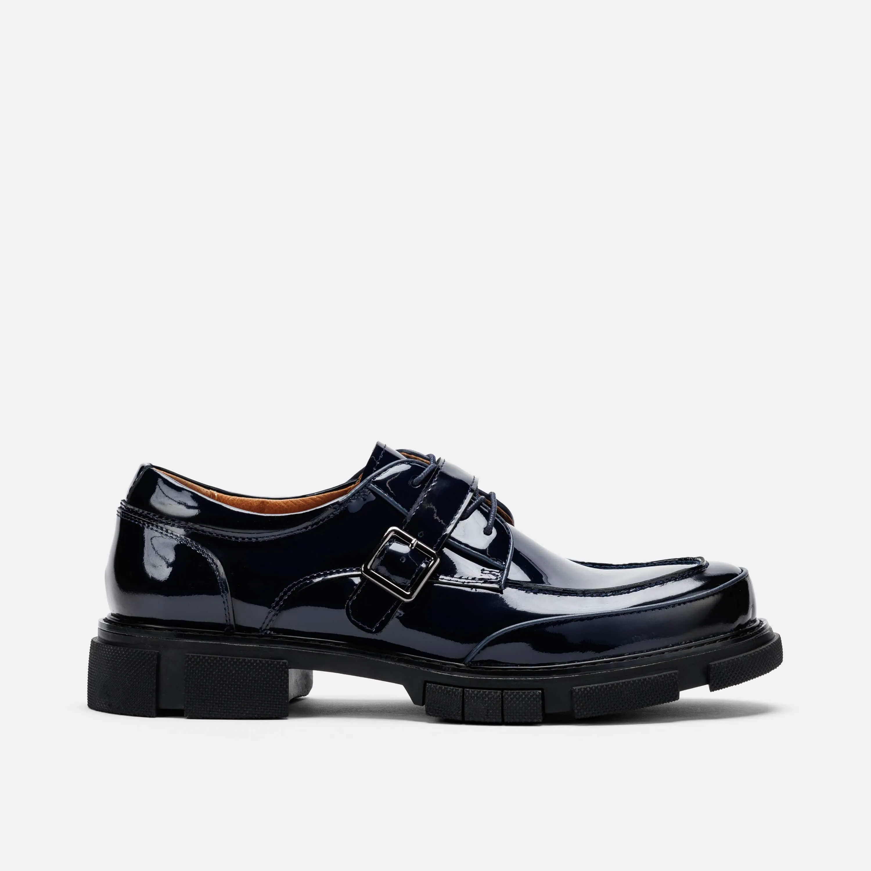 Atlas Navy Patent Leather Derbys