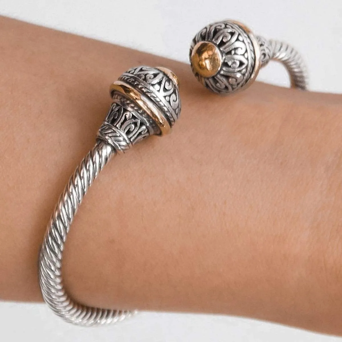 Bali Silver Cable Cuff Bracelet with 18K Yellow Gold Accents, Handmade jewelry, Gift for her