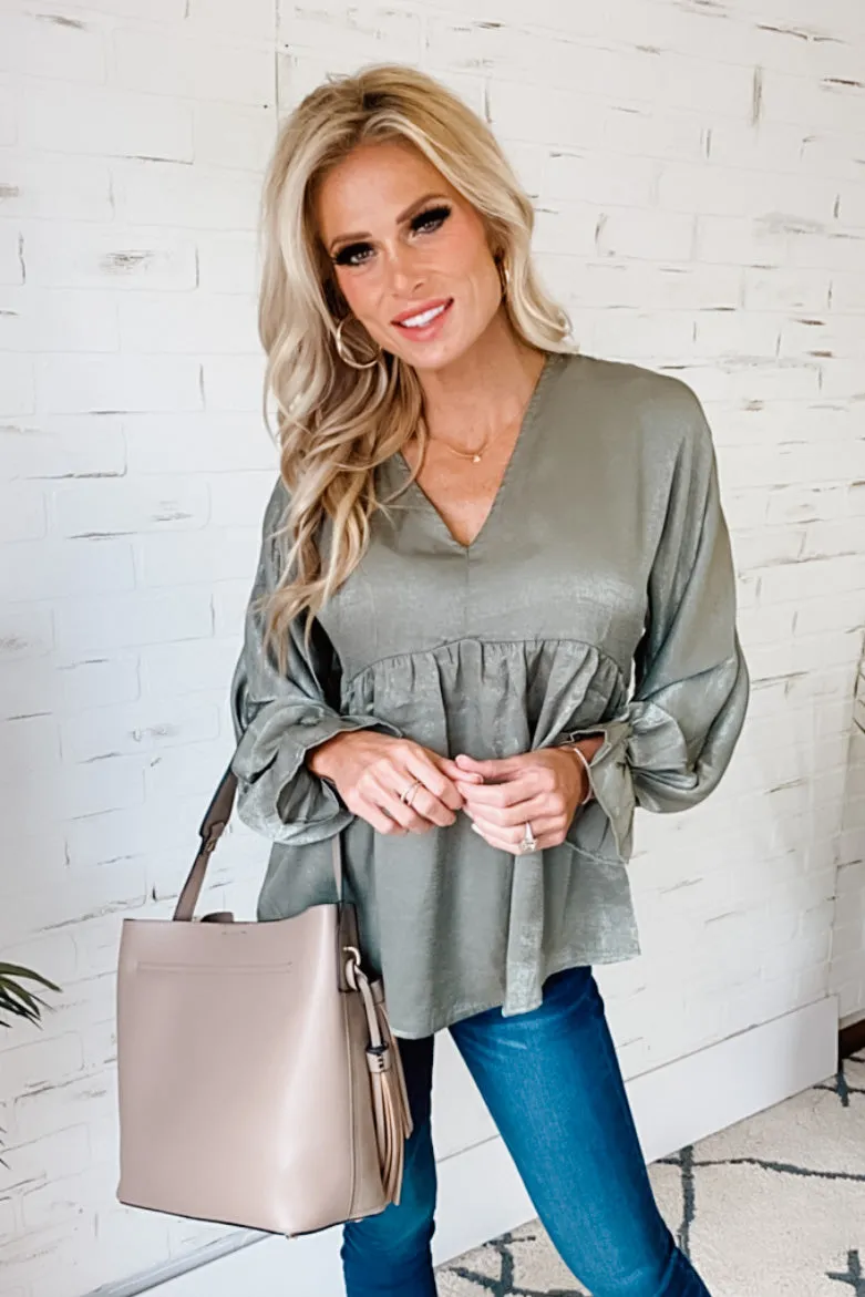 Beaming With Beauty V-Neck Babydoll Top : Light Olive