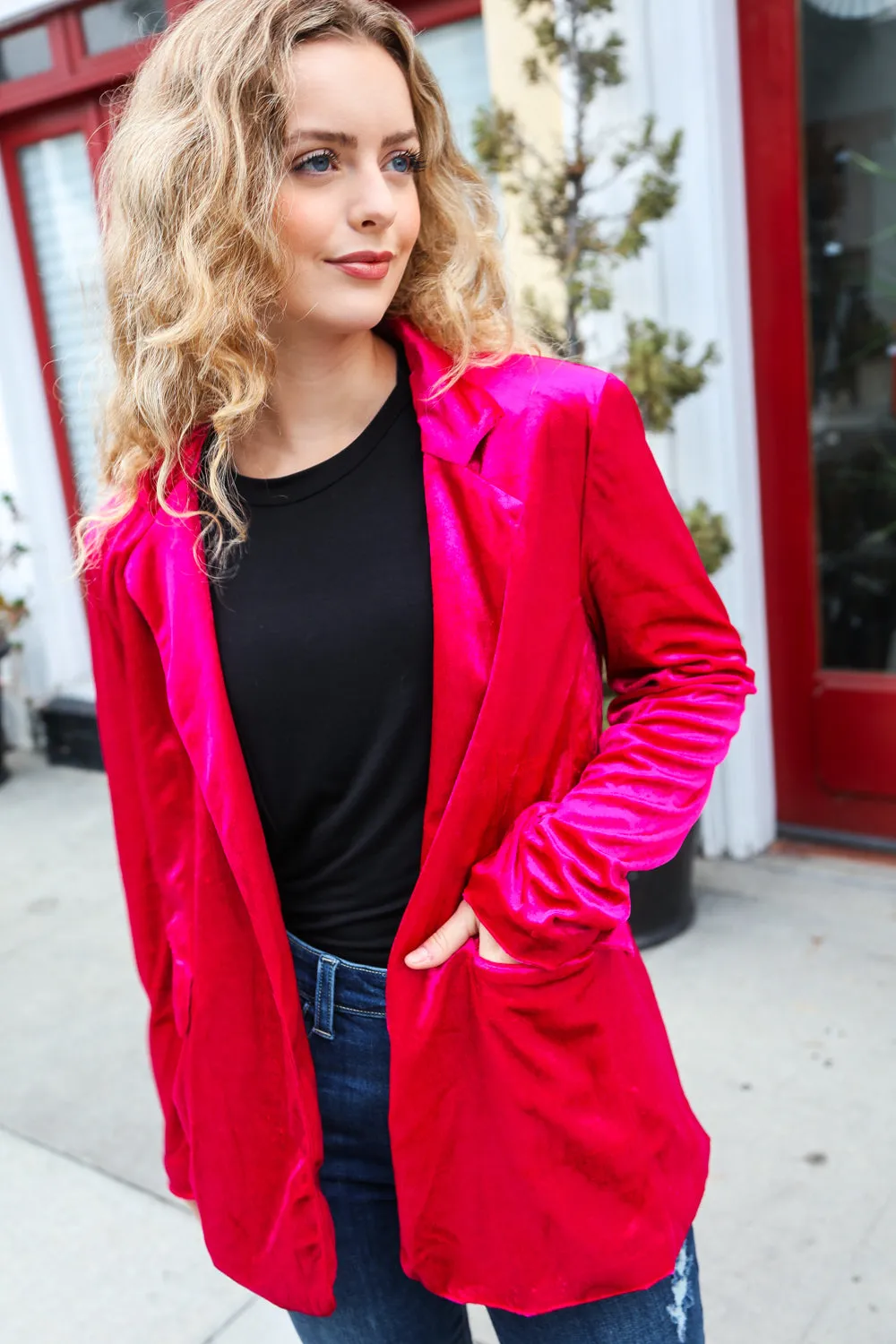 Dazzling Magenta Velvet Lapel Blazer