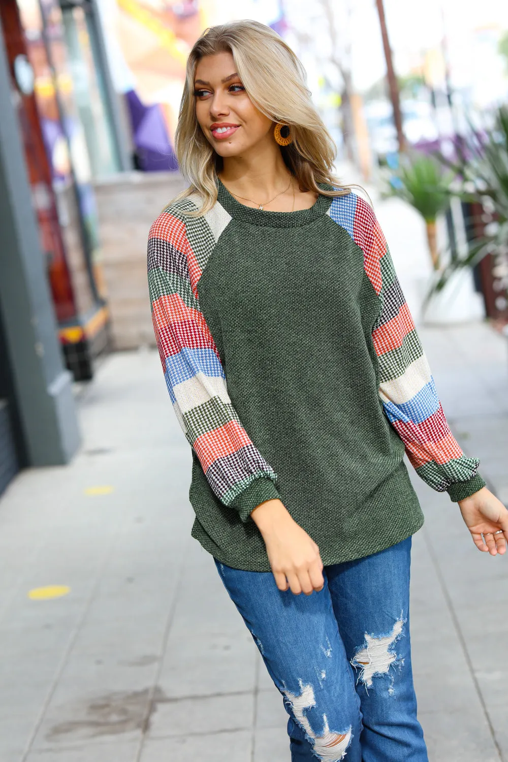 Explore More Collection - Carry On Forest Green Stripe Textured Knit Top