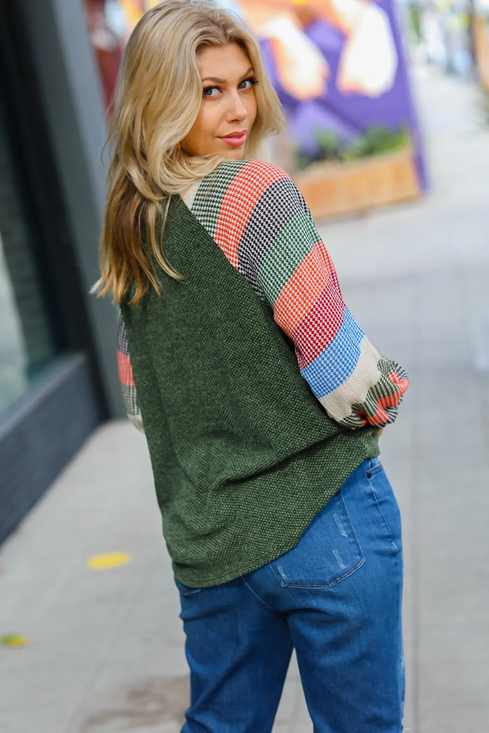 Explore More Collection - Carry On Forest Green Stripe Textured Knit Top