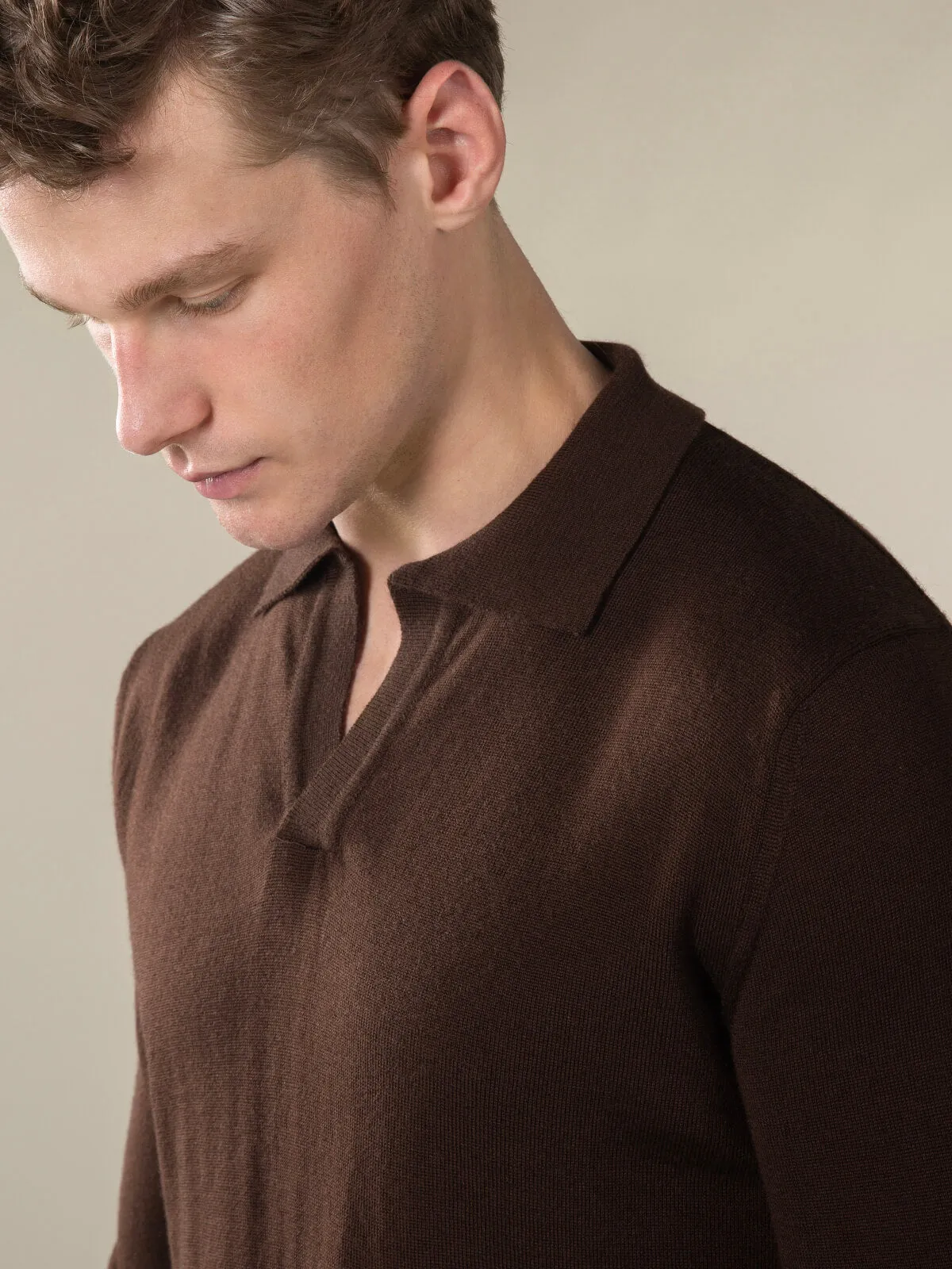 Extrafine Merino Buttonless Polo Brown