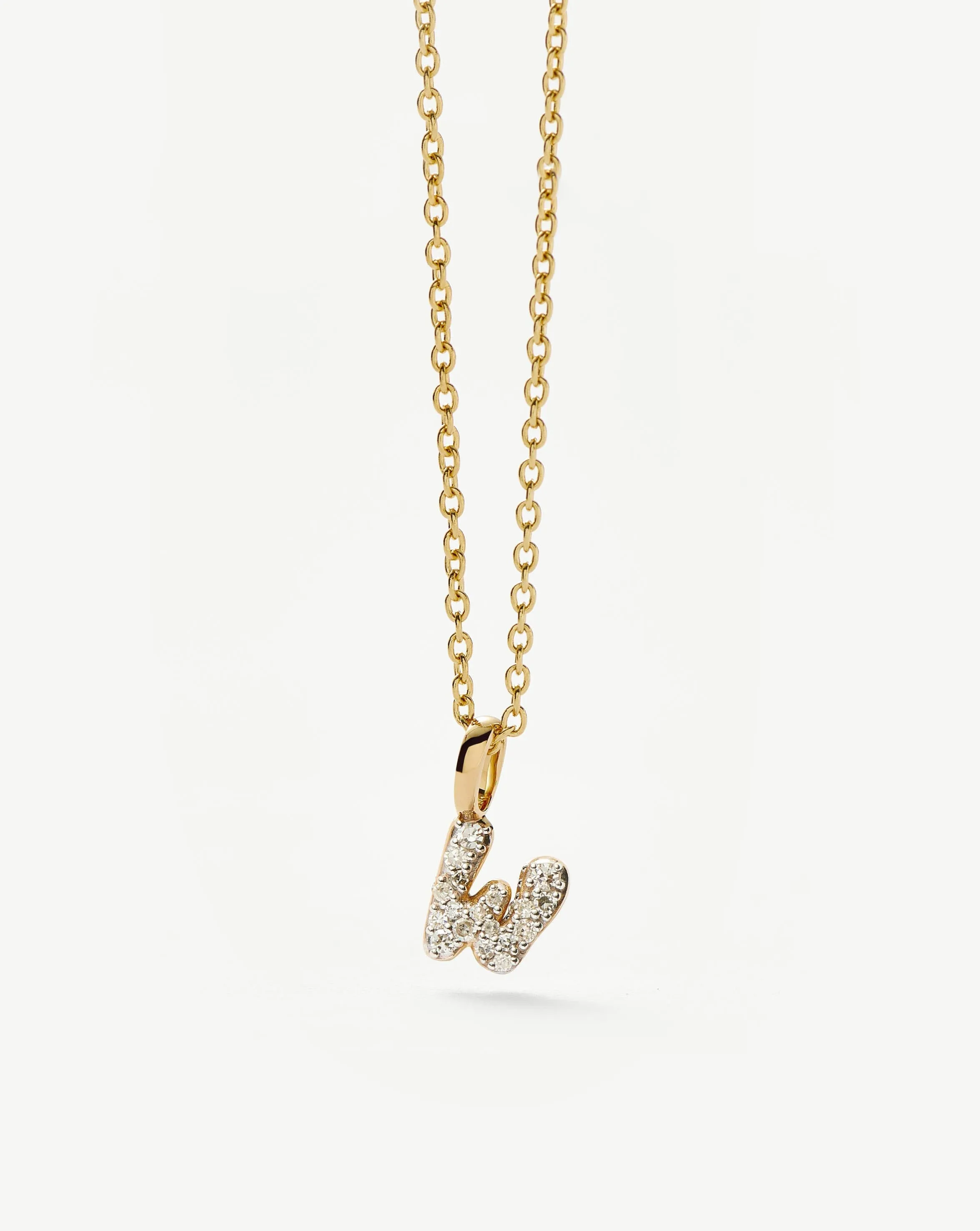 Fine Diamond Initial Mini Pendant Necklace - W | 14k Solid Yellow Gold Plated/Diamond