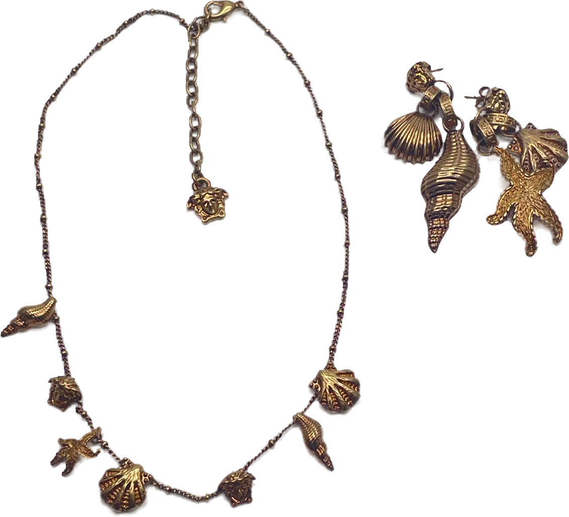 Gianni Versace Metallic 1992 Shell And Starfish Old Gold Necklace And Earrings Set