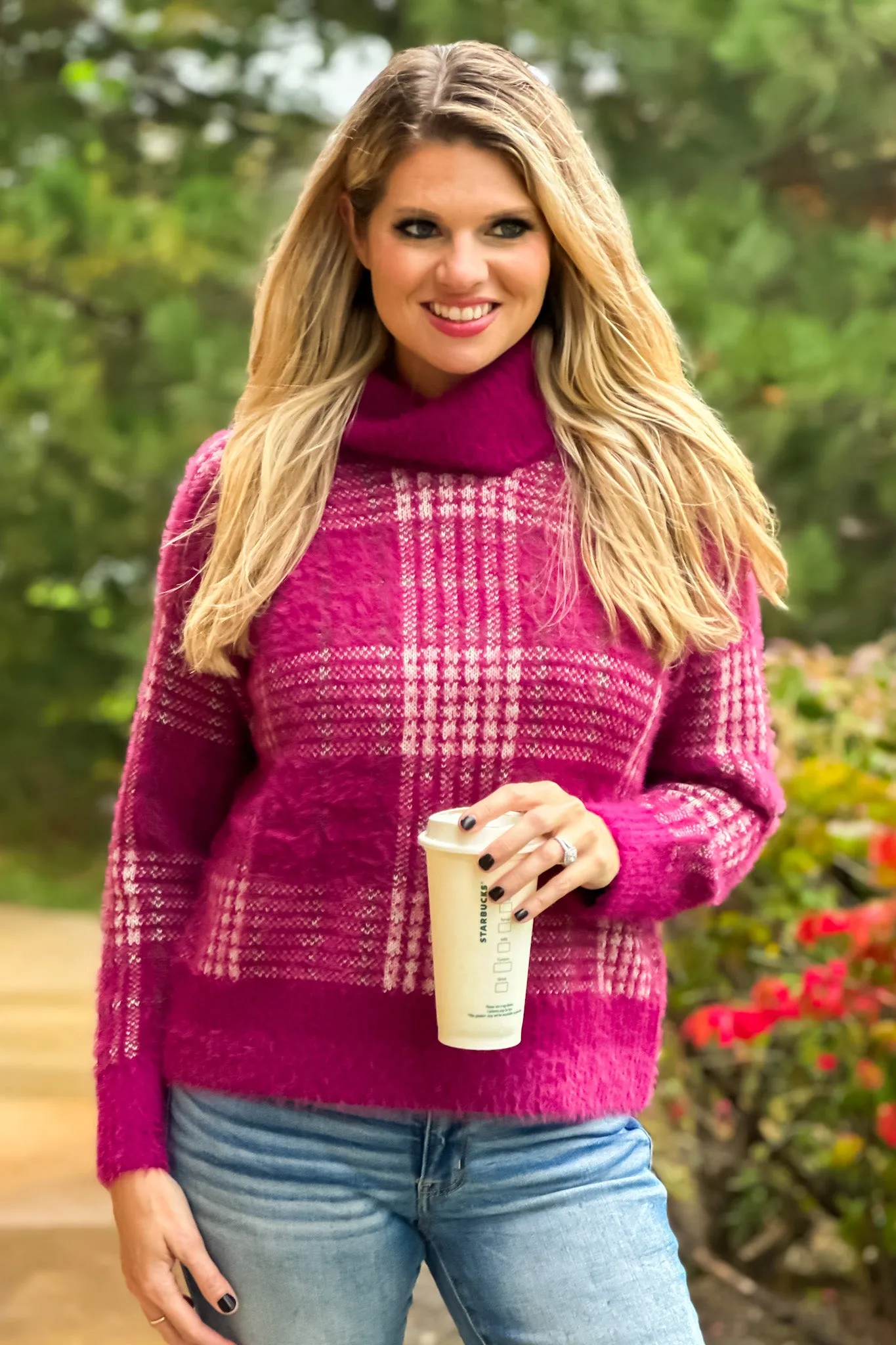 Hold Me Forever Fuzzy Plaid Turtleneck Sweater : Berry