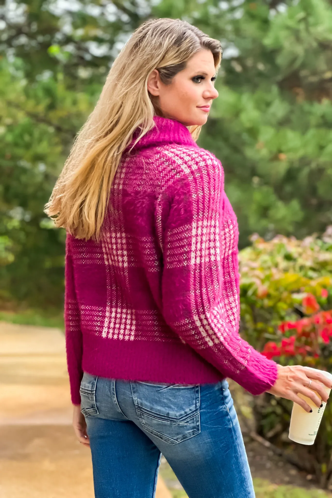 Hold Me Forever Fuzzy Plaid Turtleneck Sweater : Berry