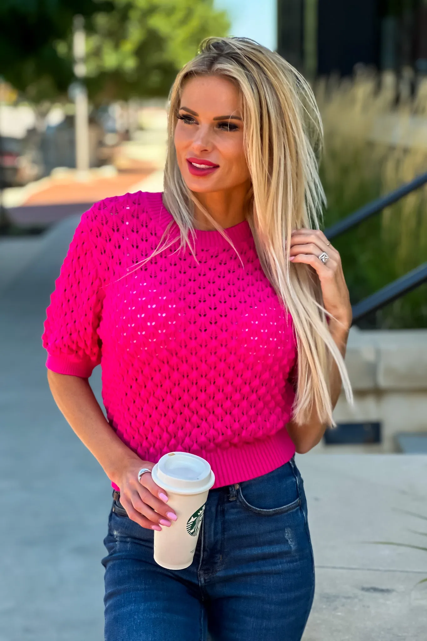 Ira Open Weave Short Sleeve Sweater : Fuchsia