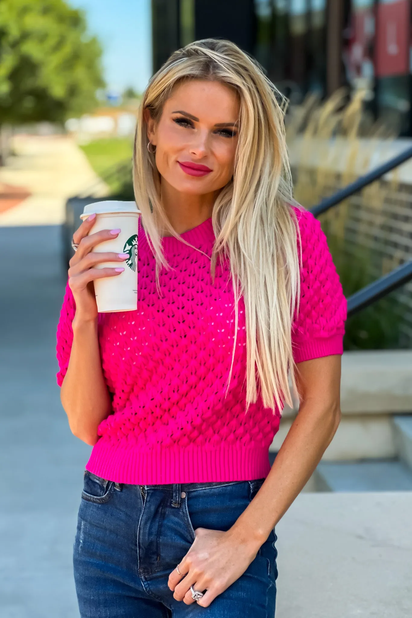 Ira Open Weave Short Sleeve Sweater : Fuchsia