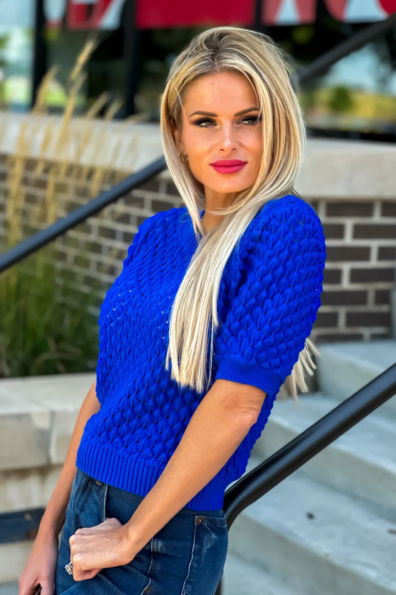 Ira Open Weave Short Sleeve Sweater : Royal Blue