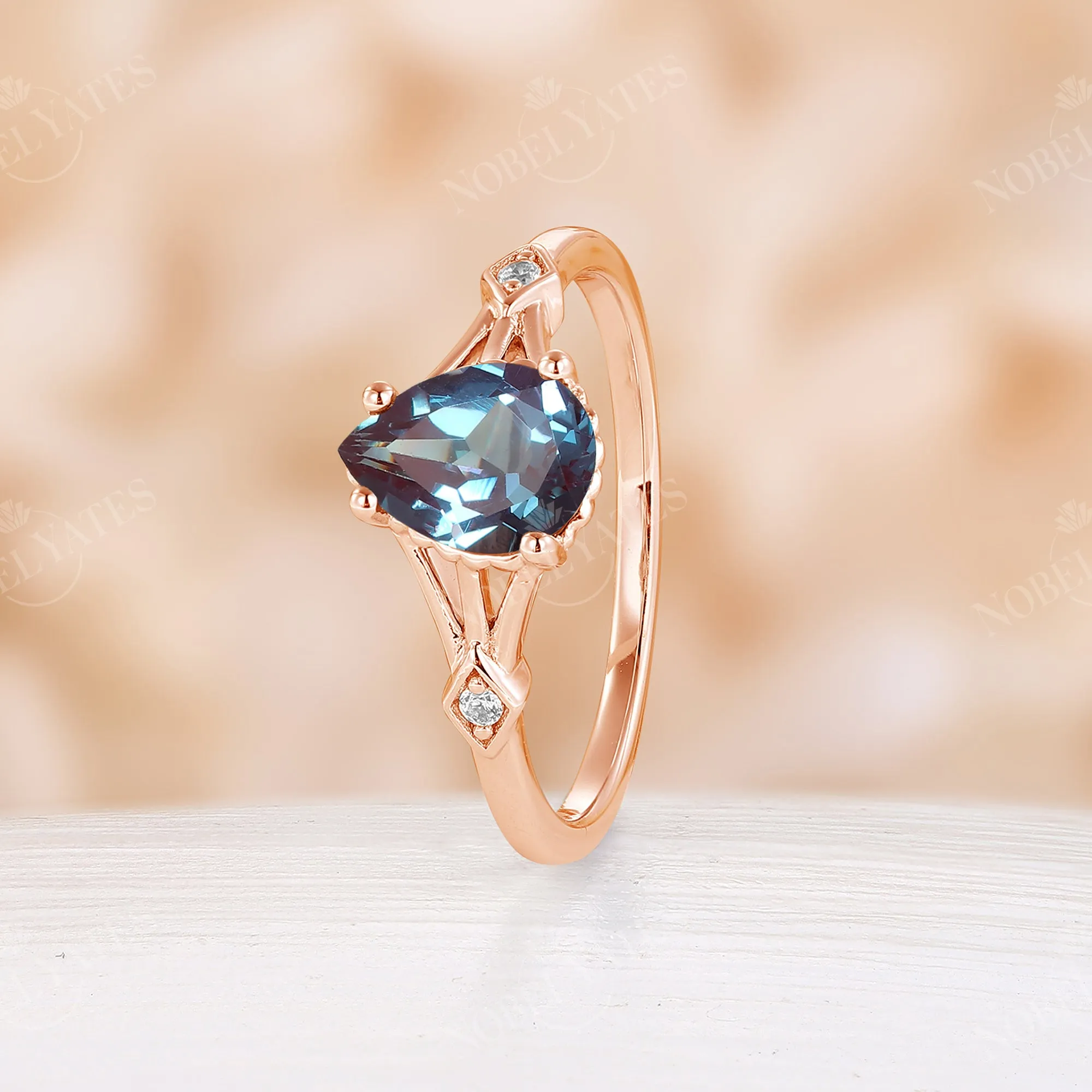 Lab Alexandrite Engagement Ring Split Band Pear Cut Rose Gold