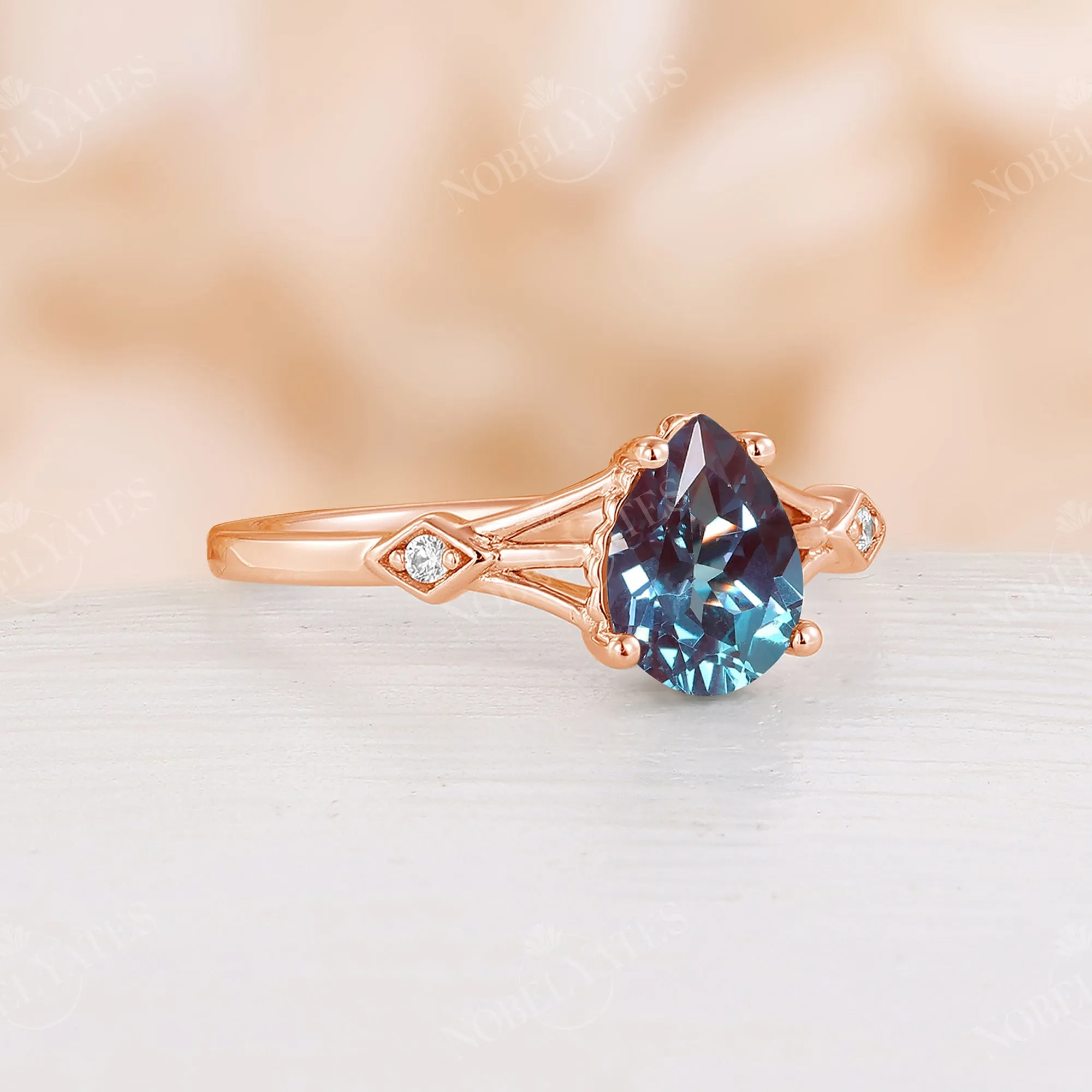 Lab Alexandrite Engagement Ring Split Band Pear Cut Rose Gold