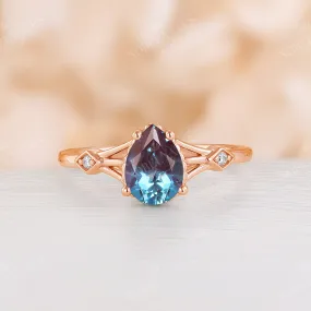 Lab Alexandrite Engagement Ring Split Band Pear Cut Rose Gold