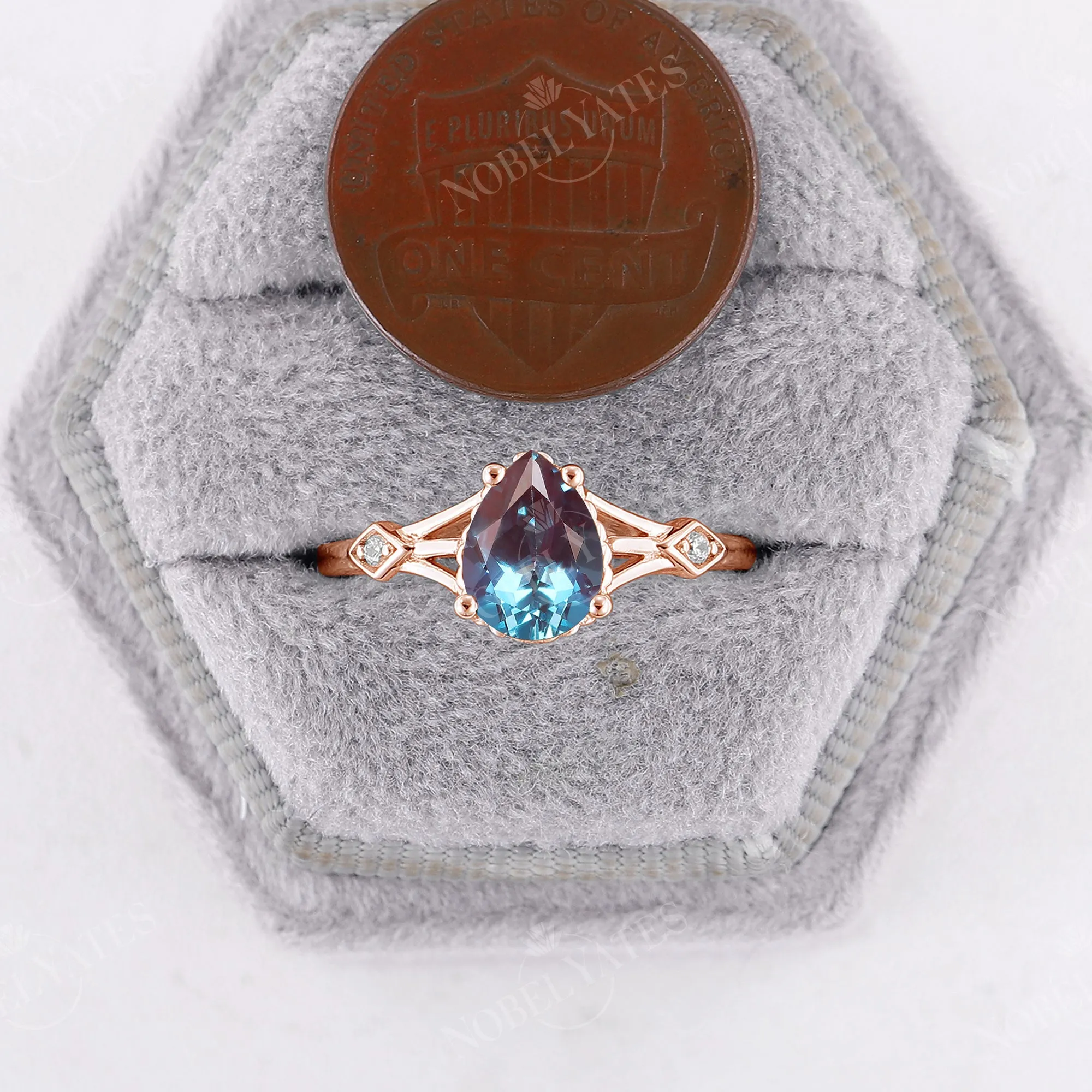 Lab Alexandrite Engagement Ring Split Band Pear Cut Rose Gold