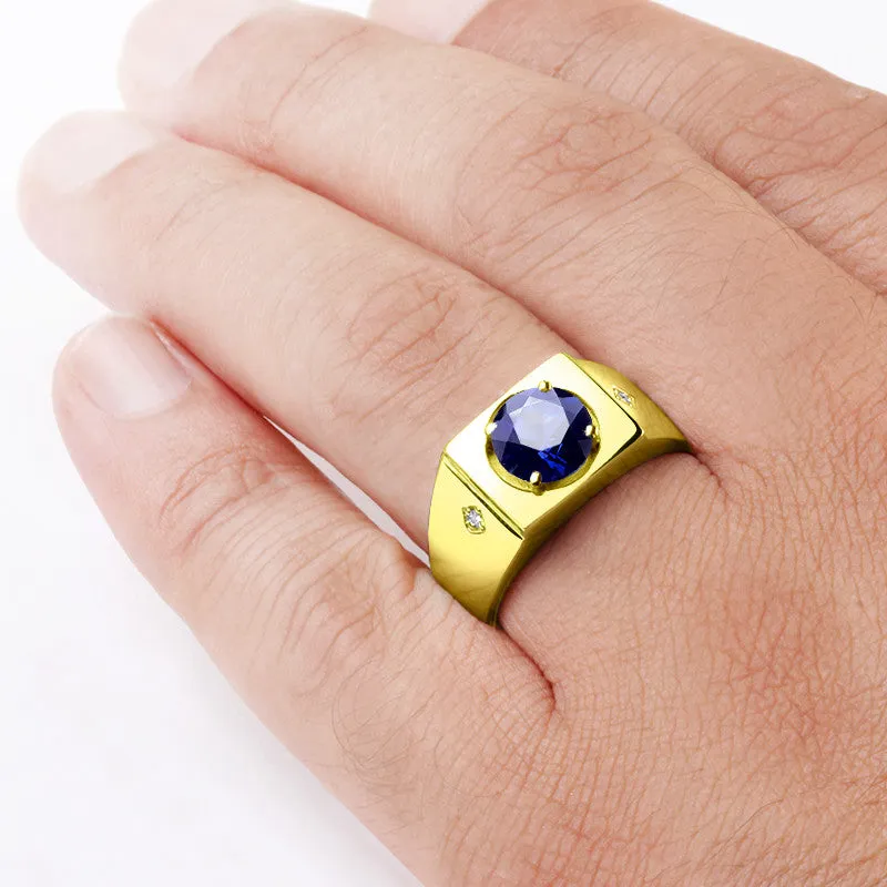 Men's Ring in 14k Yellow Gold with Sapphire and Diamond