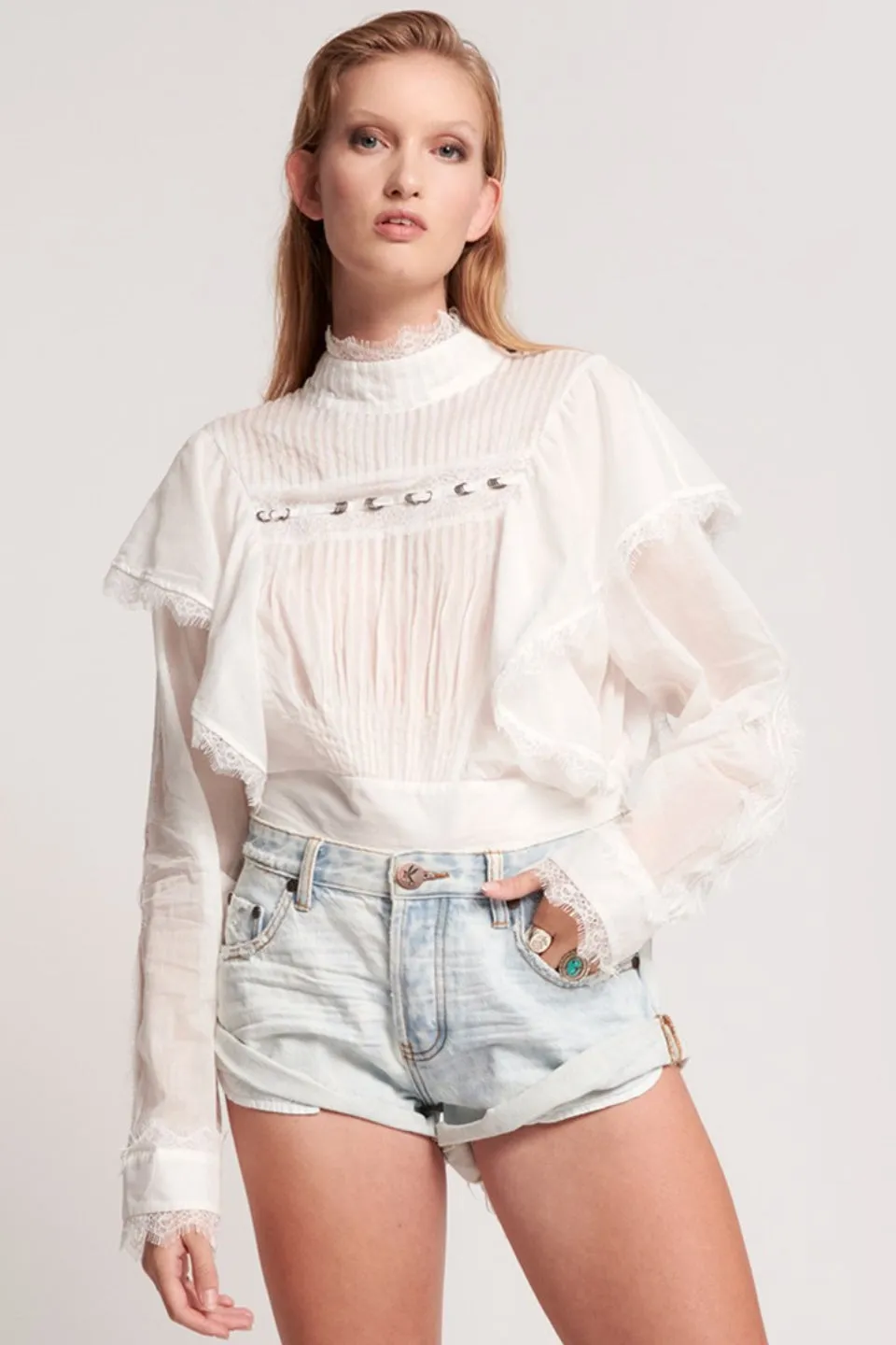 Metal Ring Adventure White Lace LS High Neck Top