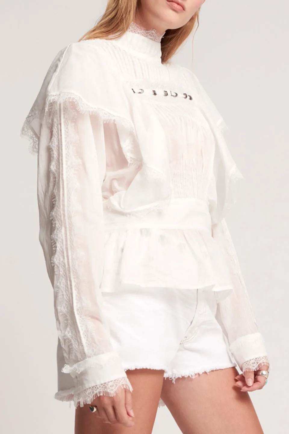 Metal Ring Adventure White Lace LS High Neck Top