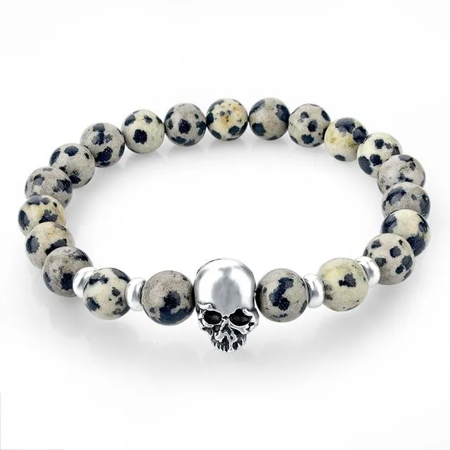 Natural Stone Elastic Beaded Skull Bracelet