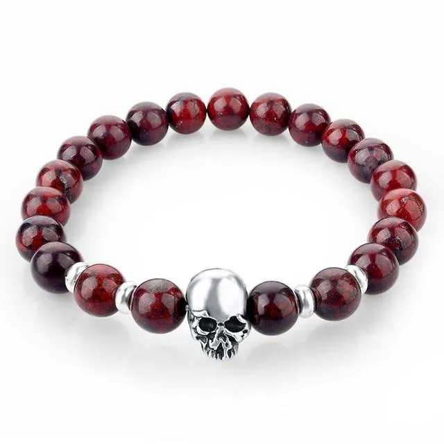 Natural Stone Elastic Beaded Skull Bracelet