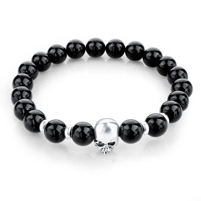 Natural Stone Elastic Beaded Skull Bracelet