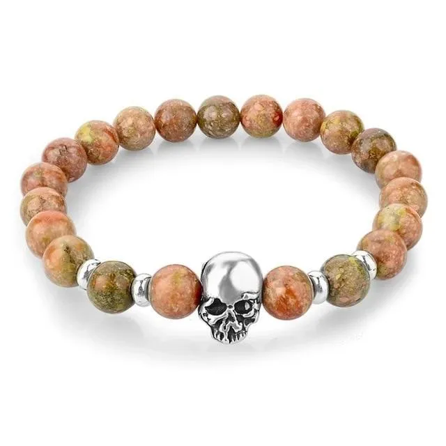 Natural Stone Elastic Beaded Skull Bracelet