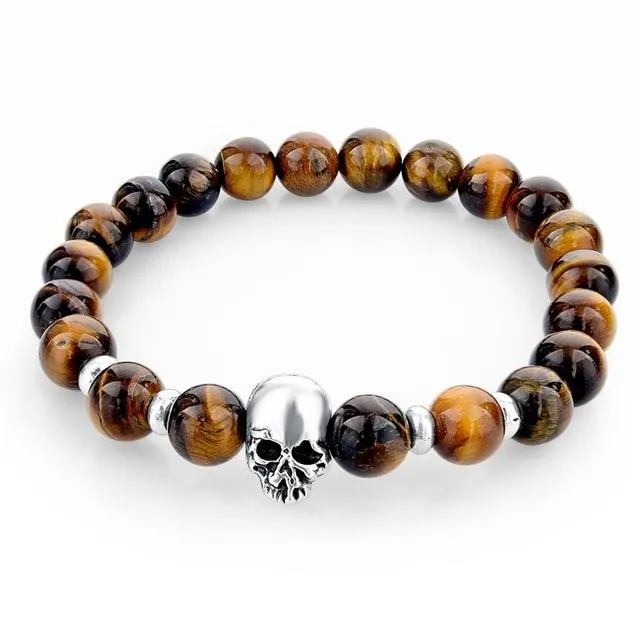 Natural Stone Elastic Beaded Skull Bracelet