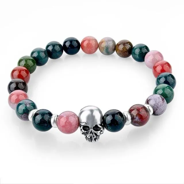 Natural Stone Elastic Beaded Skull Bracelet