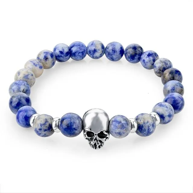 Natural Stone Elastic Beaded Skull Bracelet