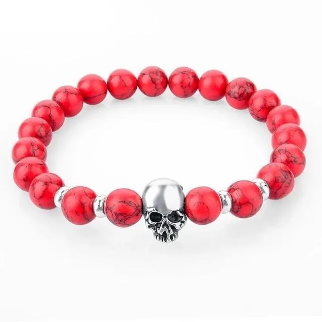 Natural Stone Elastic Beaded Skull Bracelet