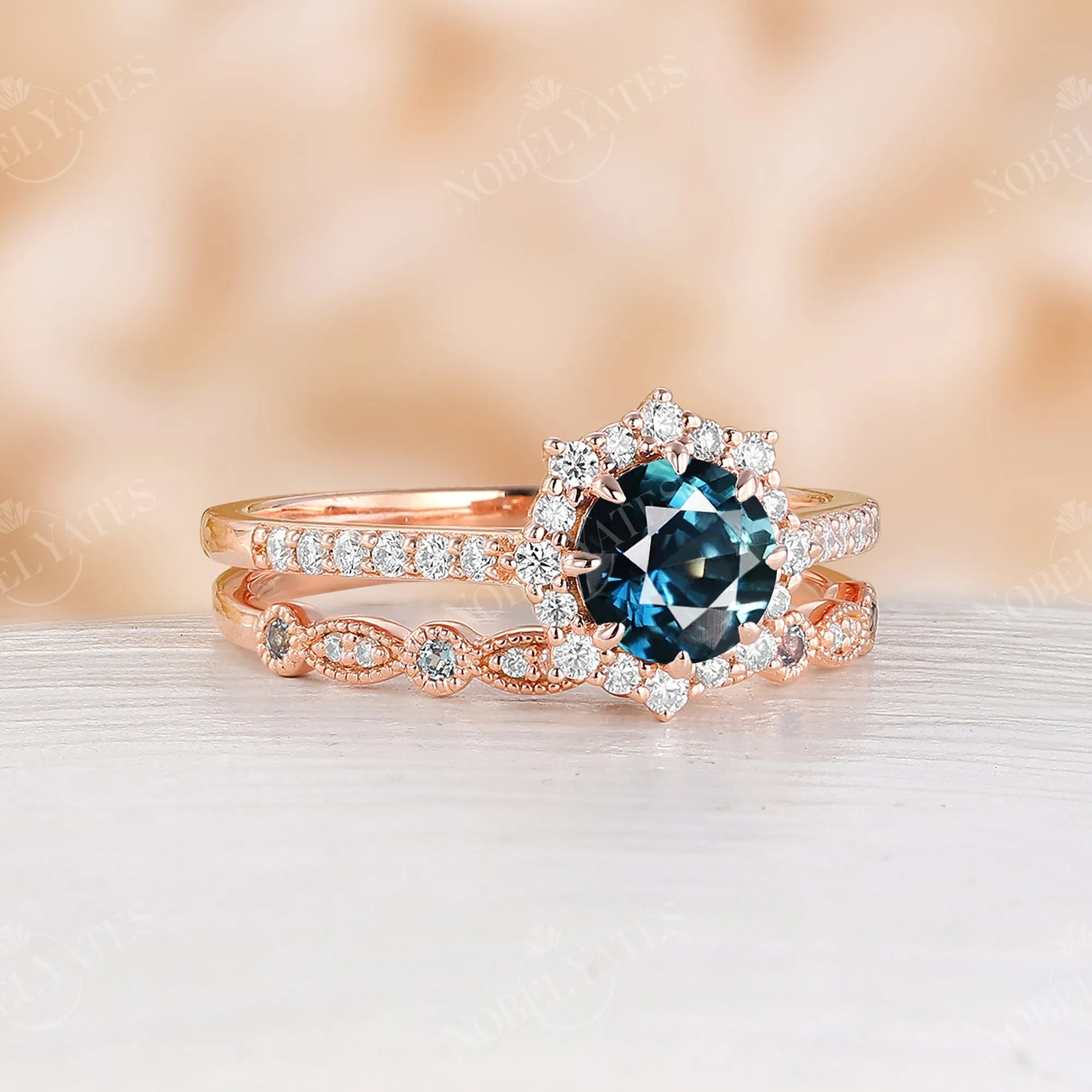 Natural Teal Sapphire Halo Engagement Ring Set Vintage Matching Band