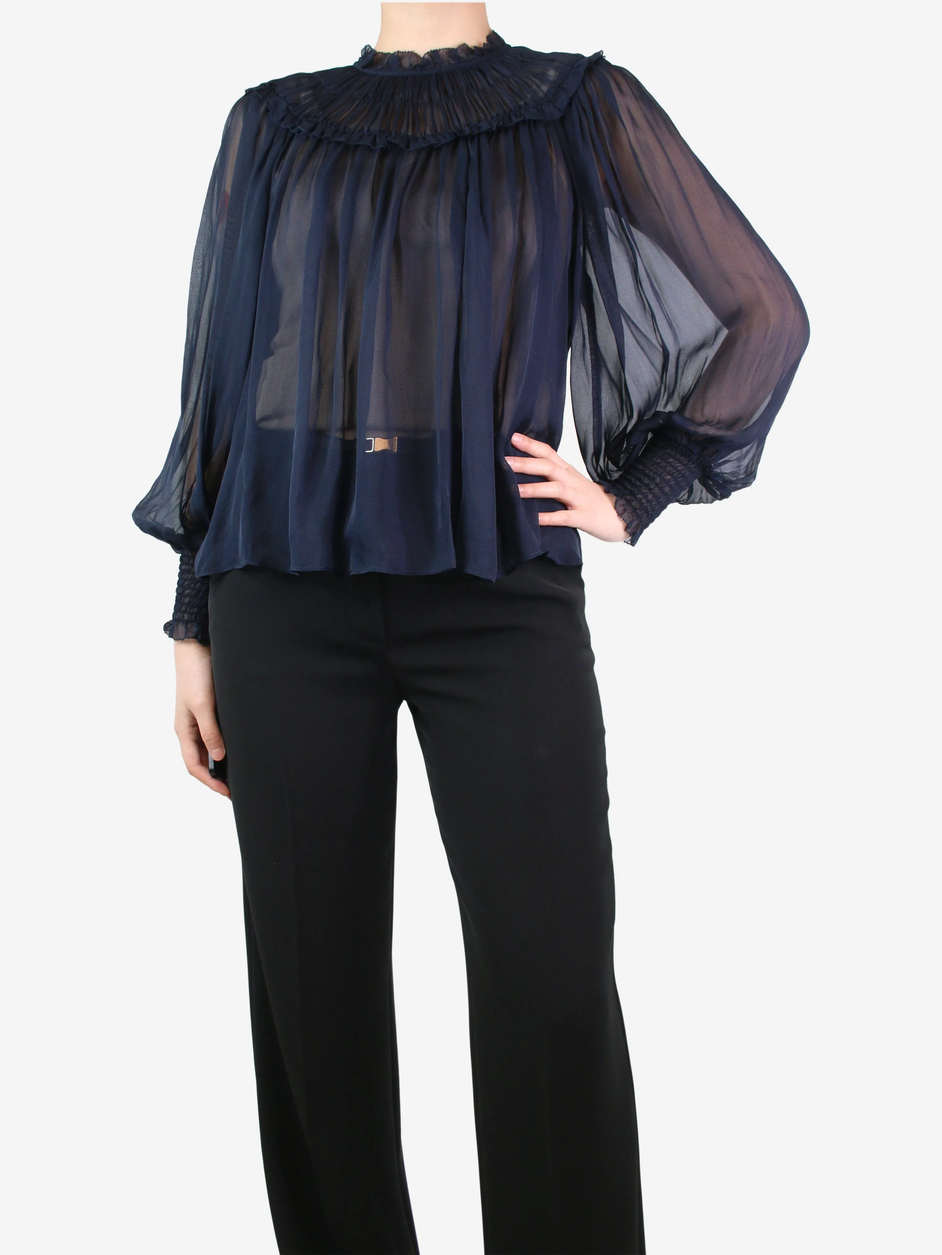 Navy blue sheer puff-sleeved blouse - size UK 8