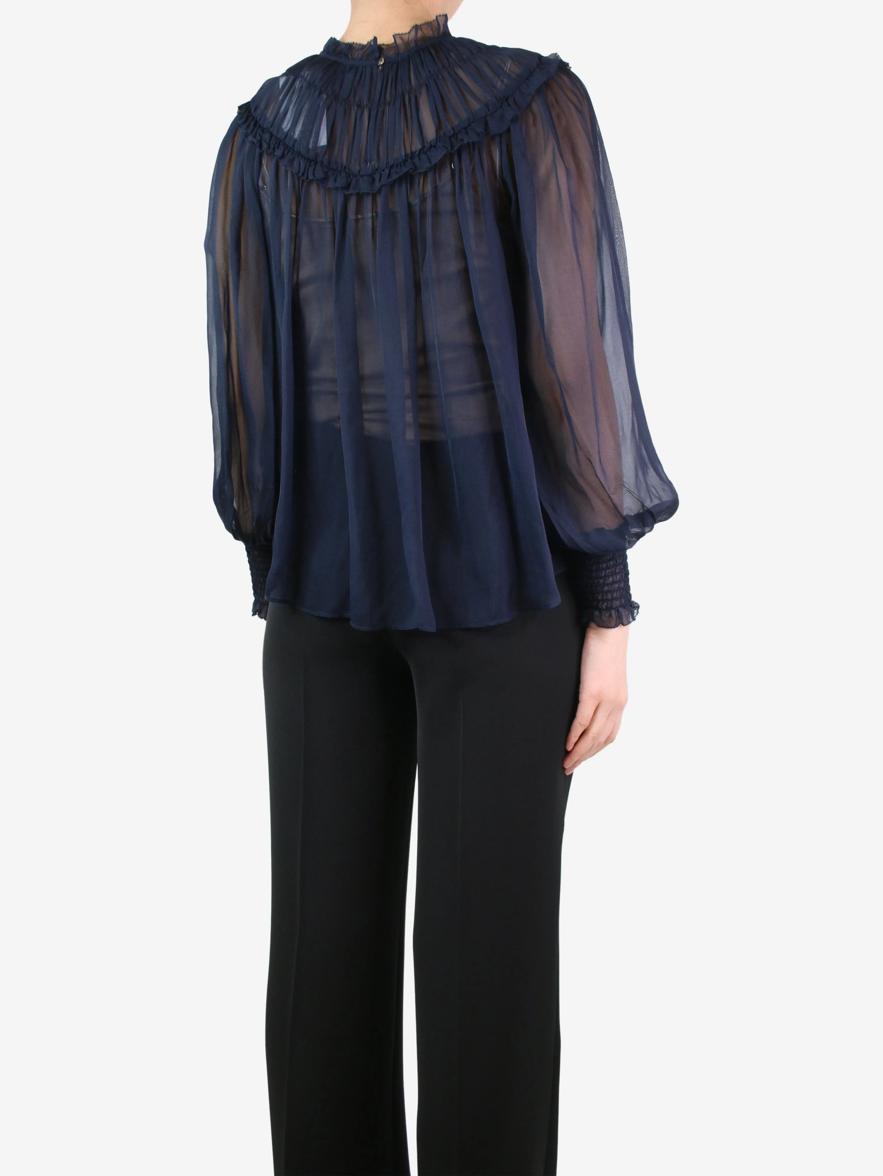 Navy blue sheer puff-sleeved blouse - size UK 8