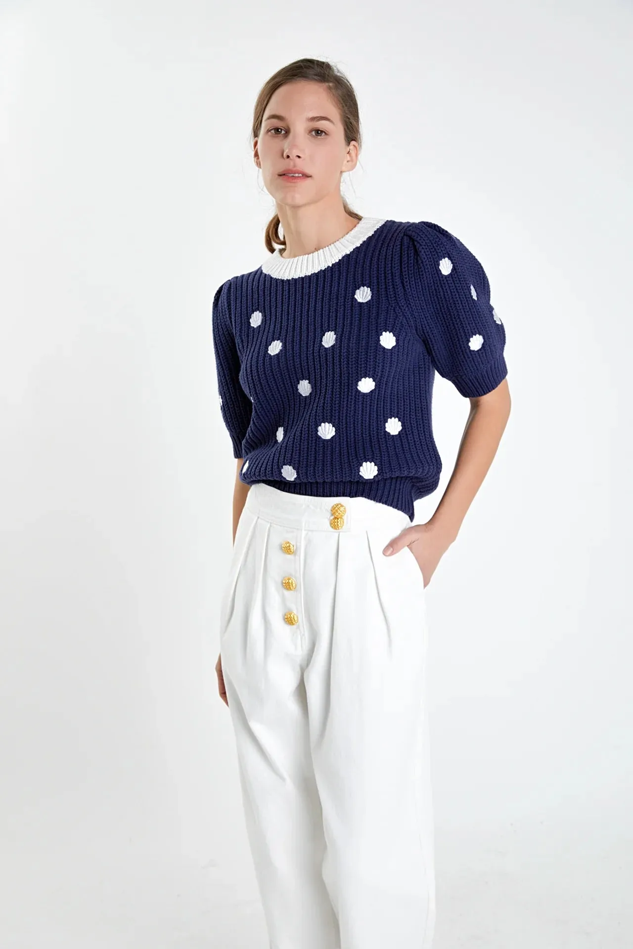 Navy Shell Embroidered  Top