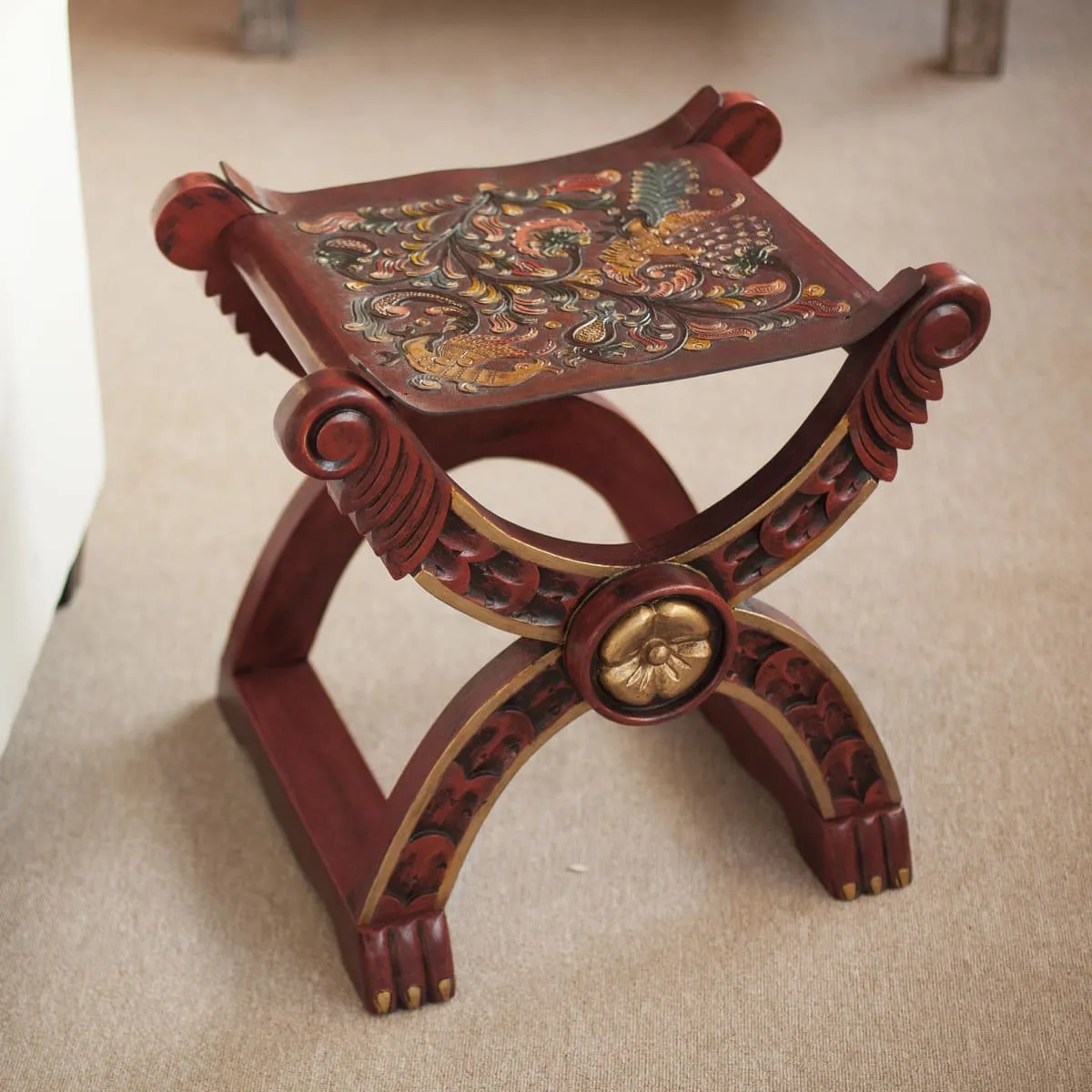 Novica Baroque Peru Tooled Leather And Wood Stool