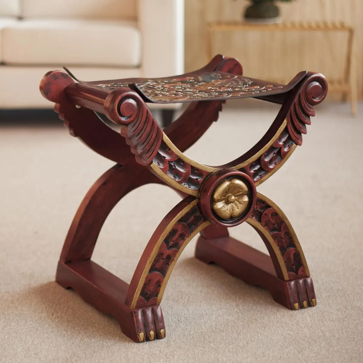 Novica Baroque Peru Tooled Leather And Wood Stool