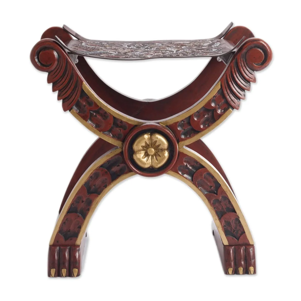 Novica Baroque Peru Tooled Leather And Wood Stool