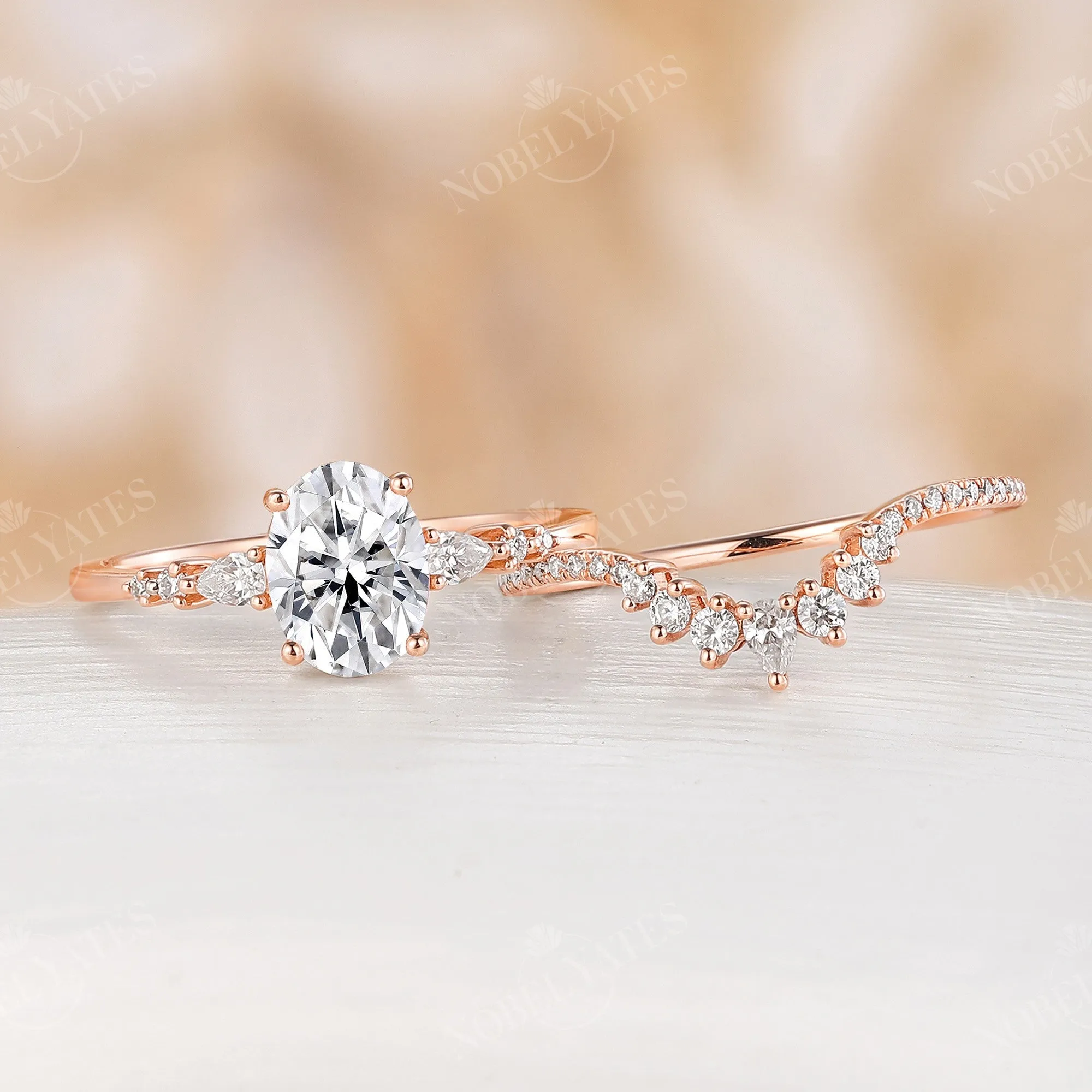 Oval Moissanite Rose Gold Engagement Ring Set Curved Band