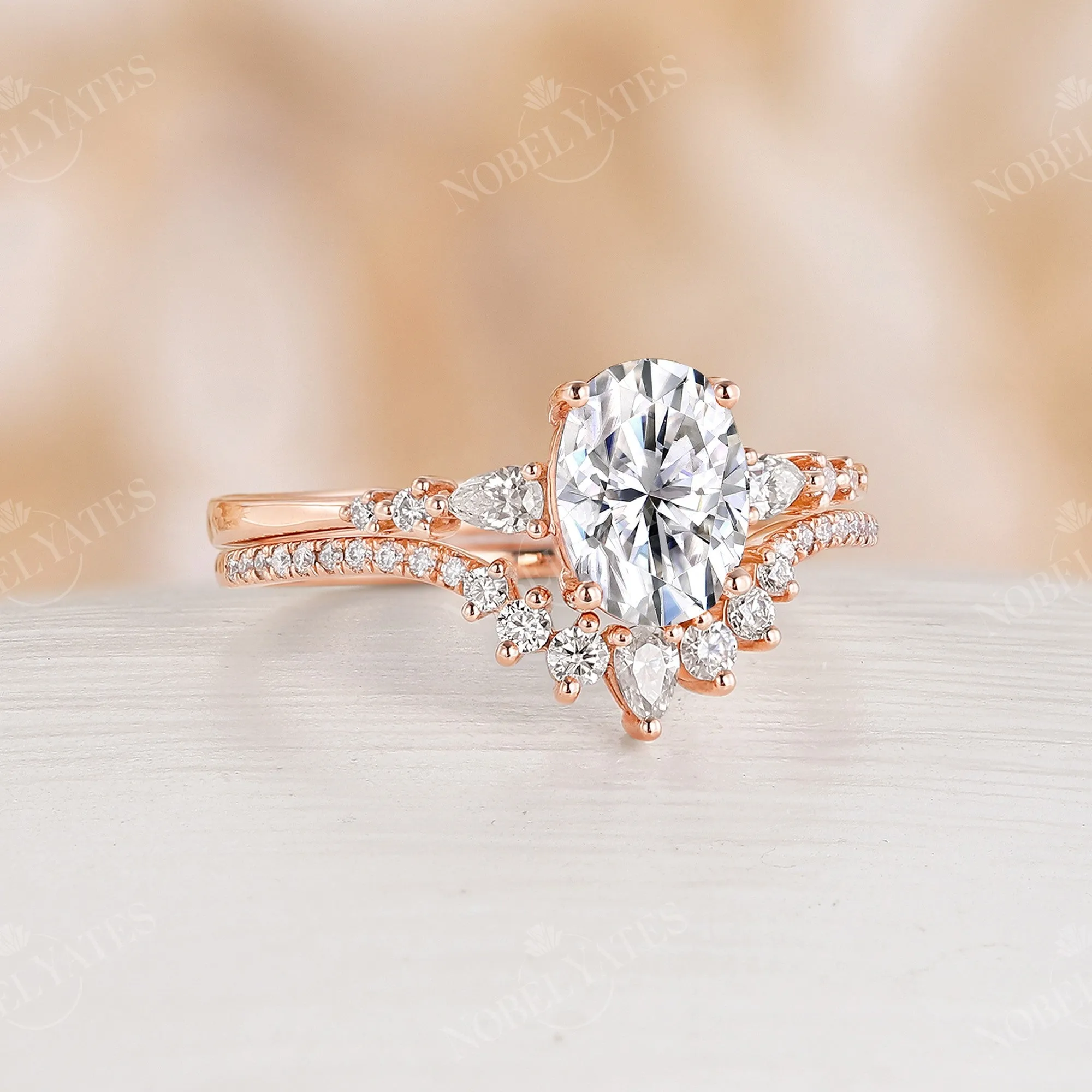 Oval Moissanite Rose Gold Engagement Ring Set Curved Band