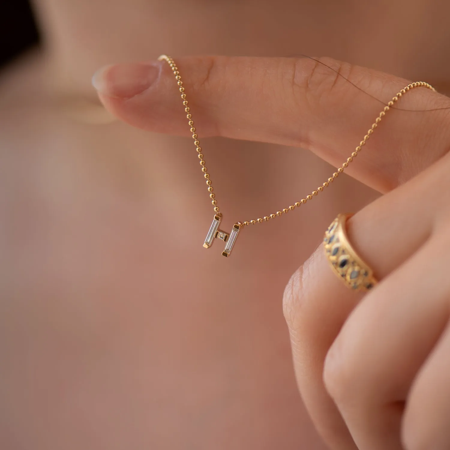 Personalized Initial Necklace with Baguette Diamonds