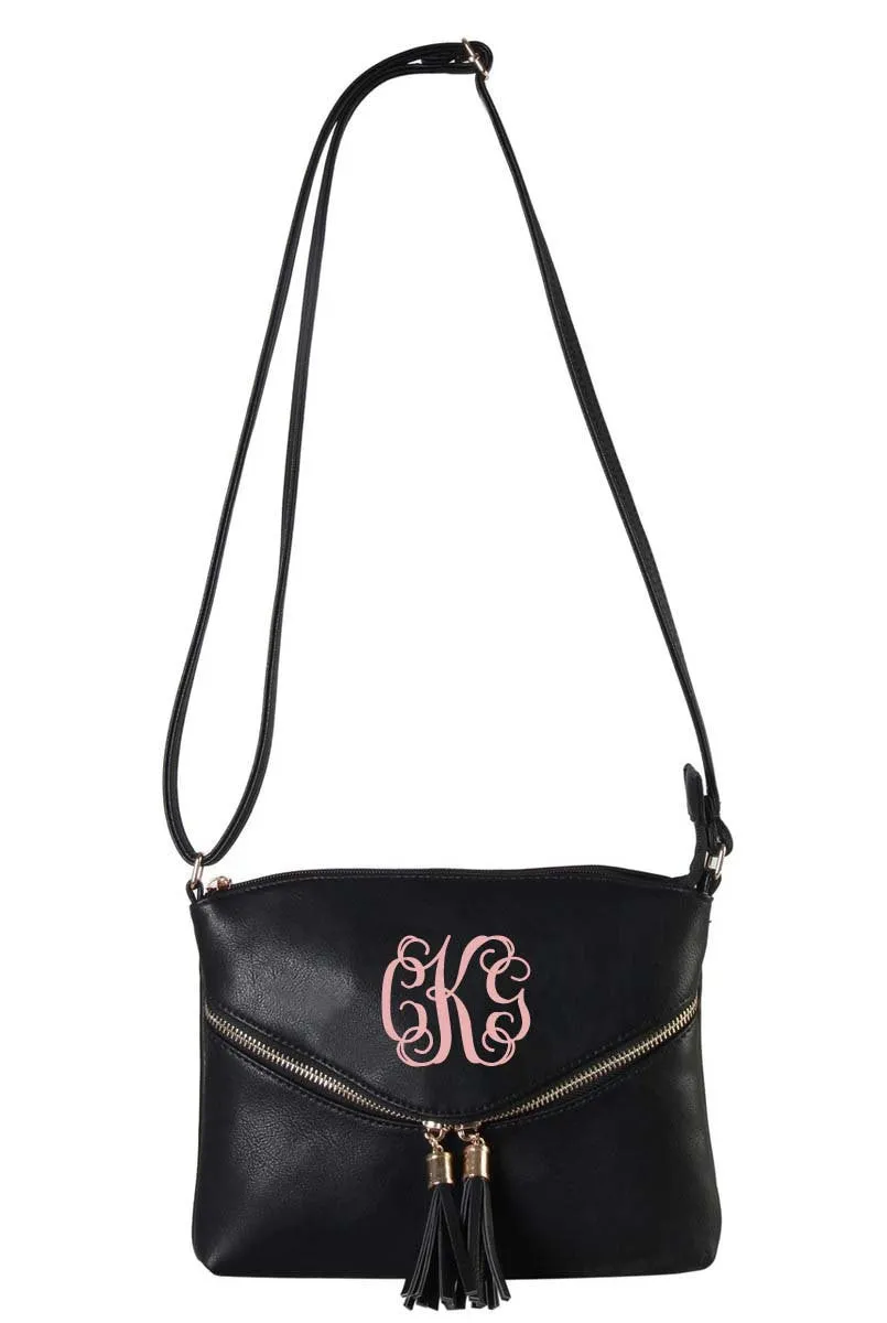 Personalized monogram Black tassels cross body